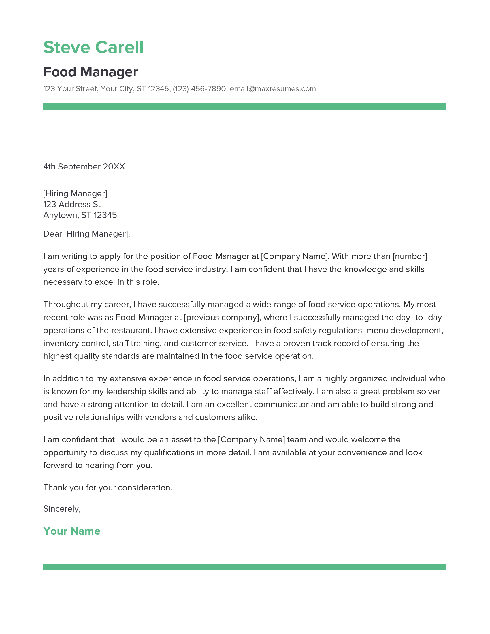 Food Manager Cover Letter Example