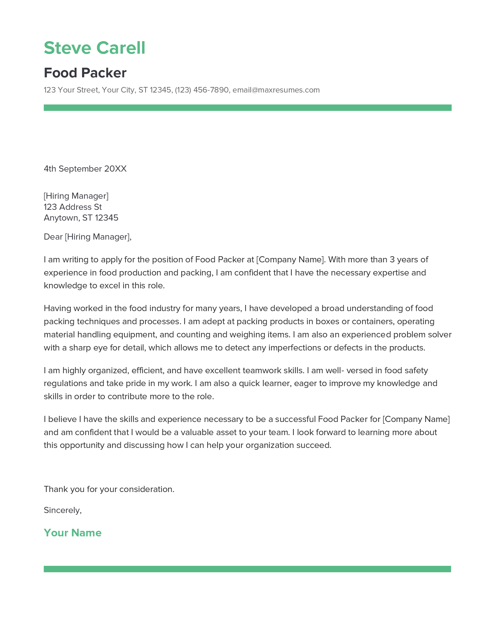Food Packer Cover Letter Example