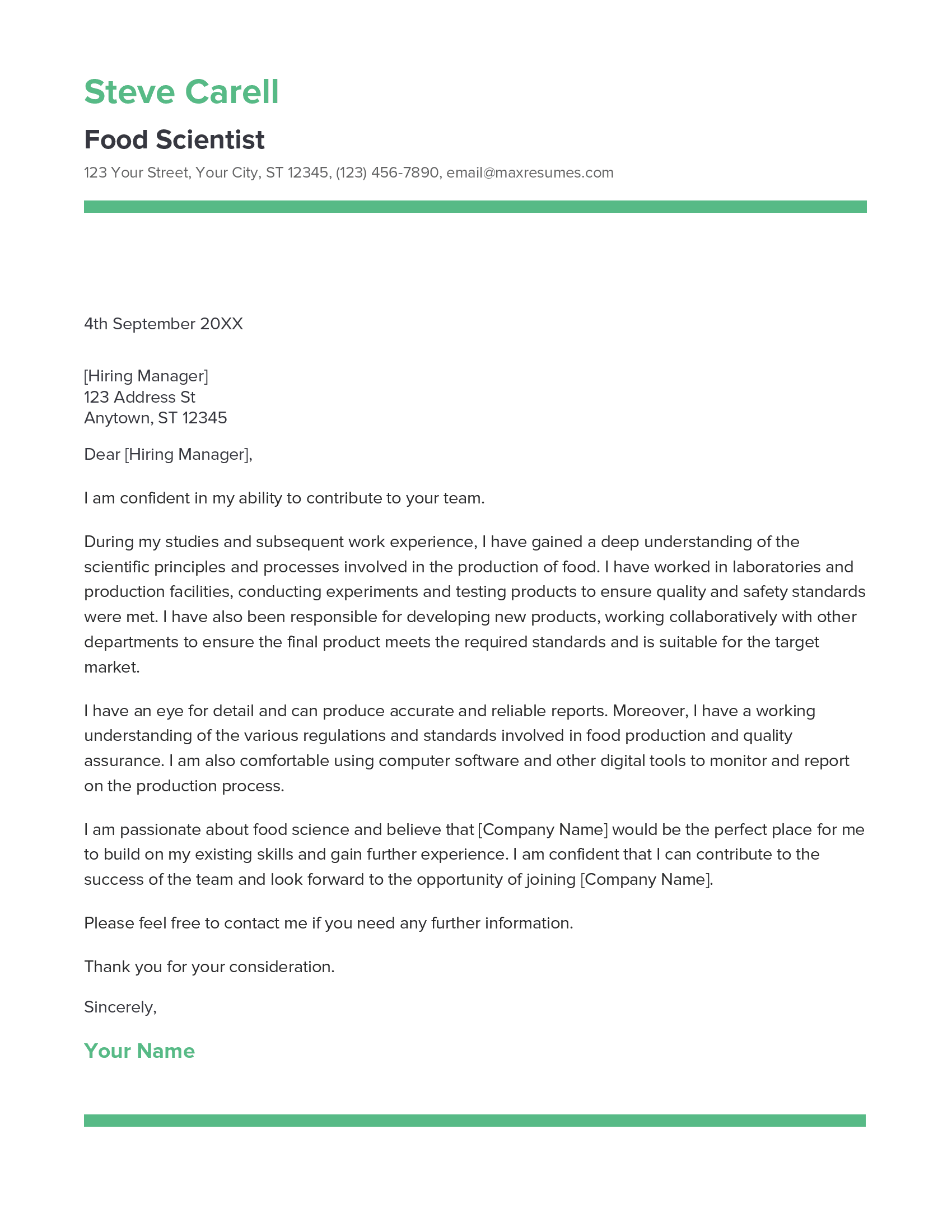 Food Scientist Cover Letter Example