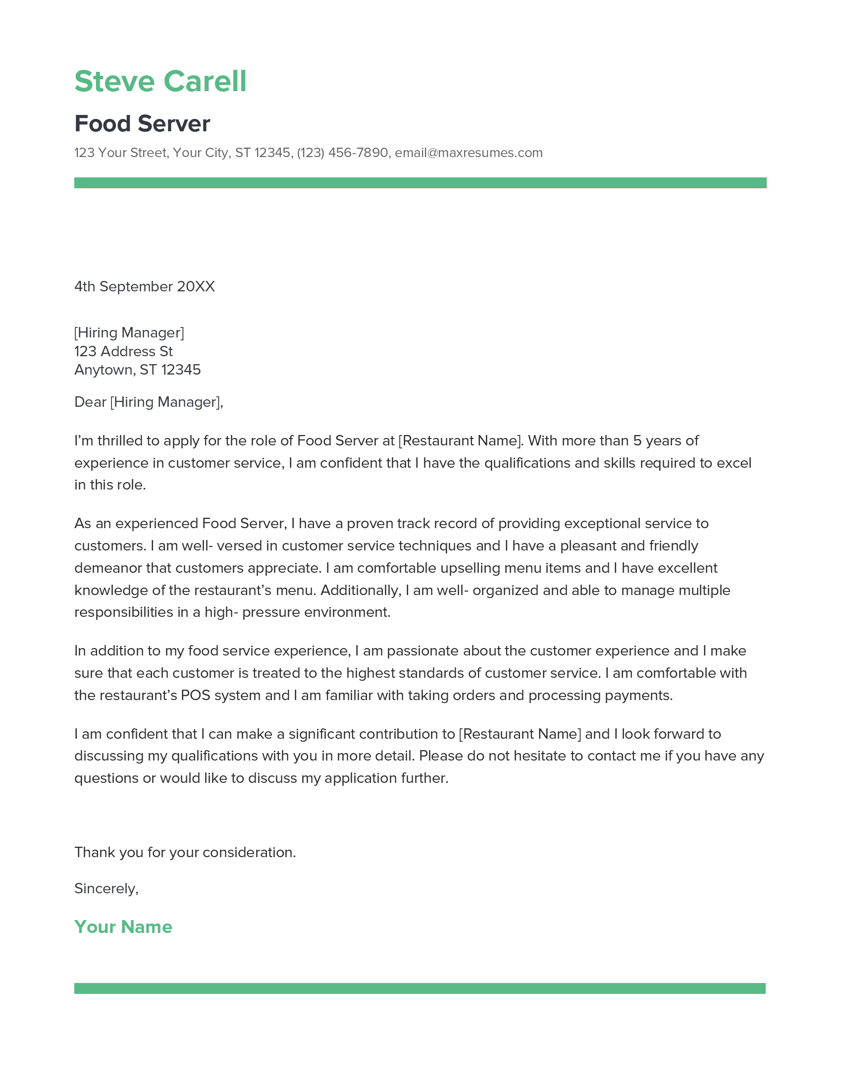 Food Server Cover Letter Example