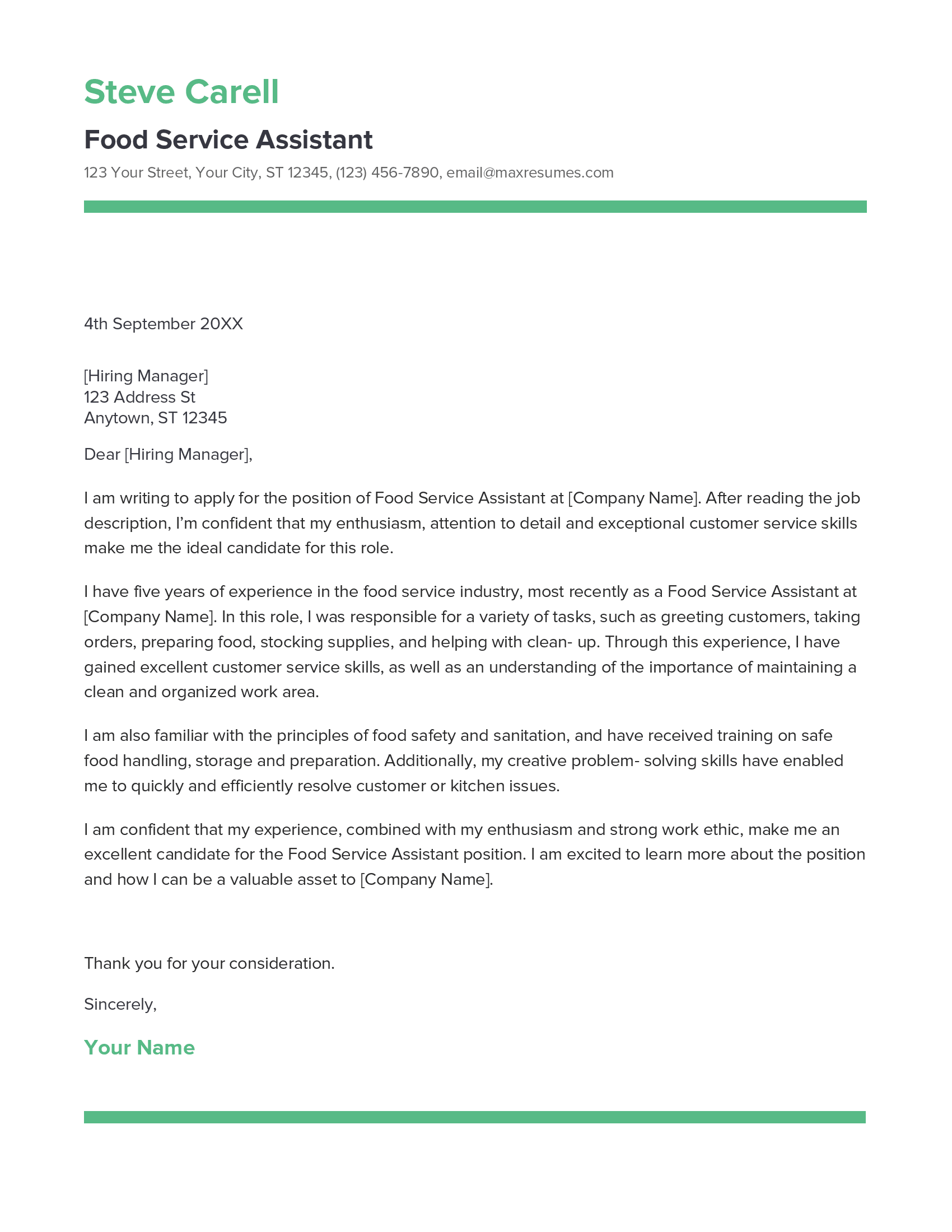 Food Service Assistant Cover Letter Example