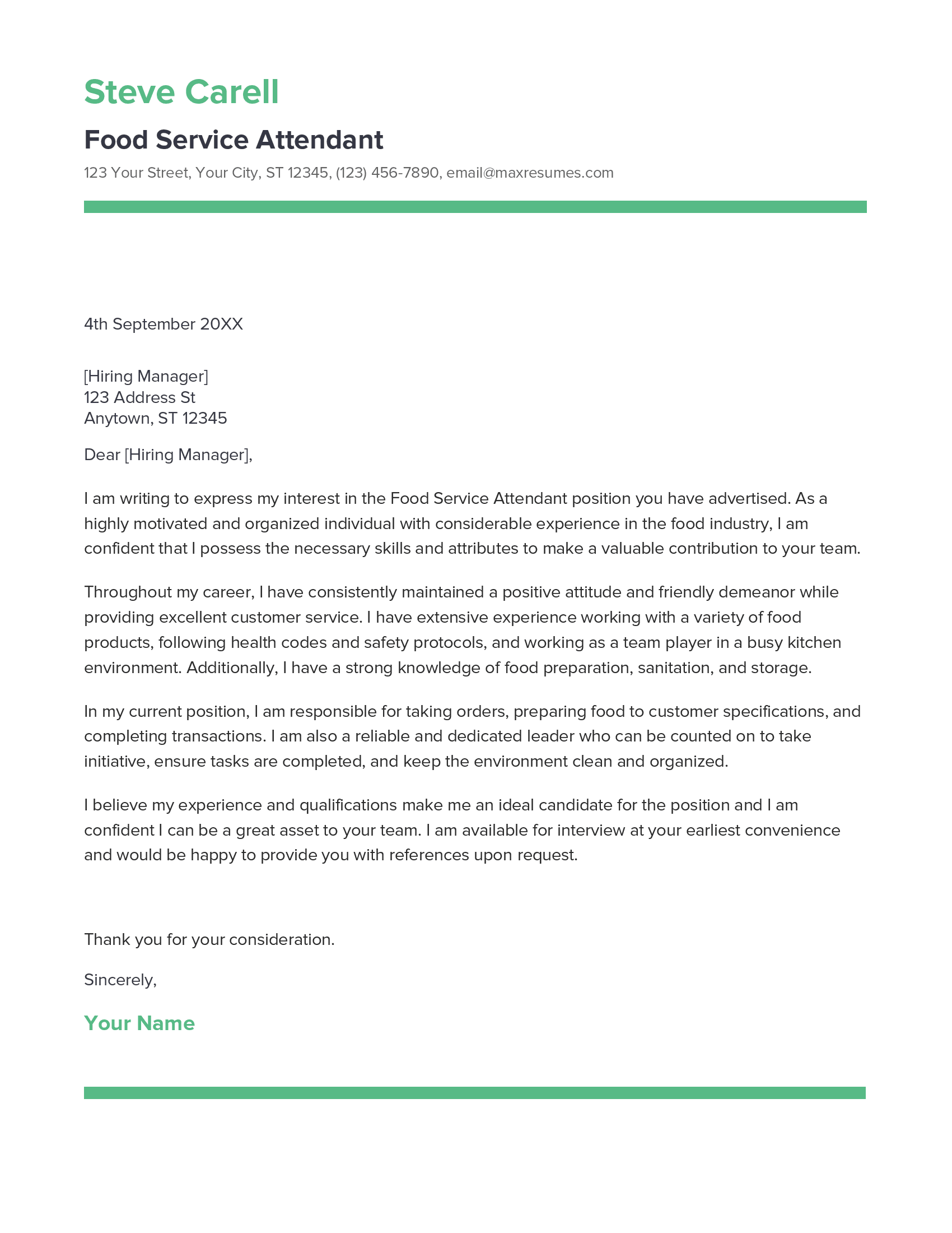Food Service Attendant Cover Letter Example