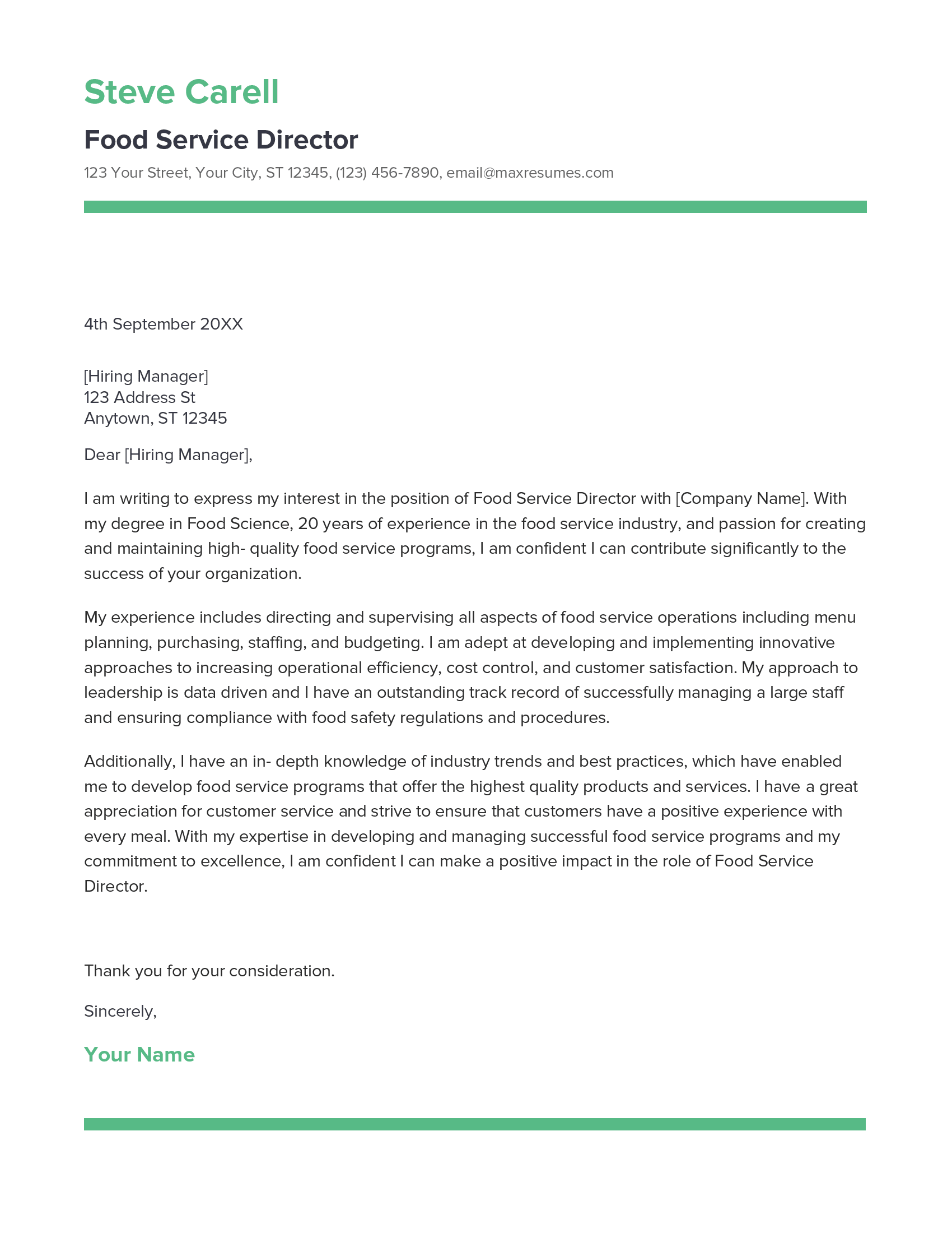 Food Service Director Cover Letter Example
