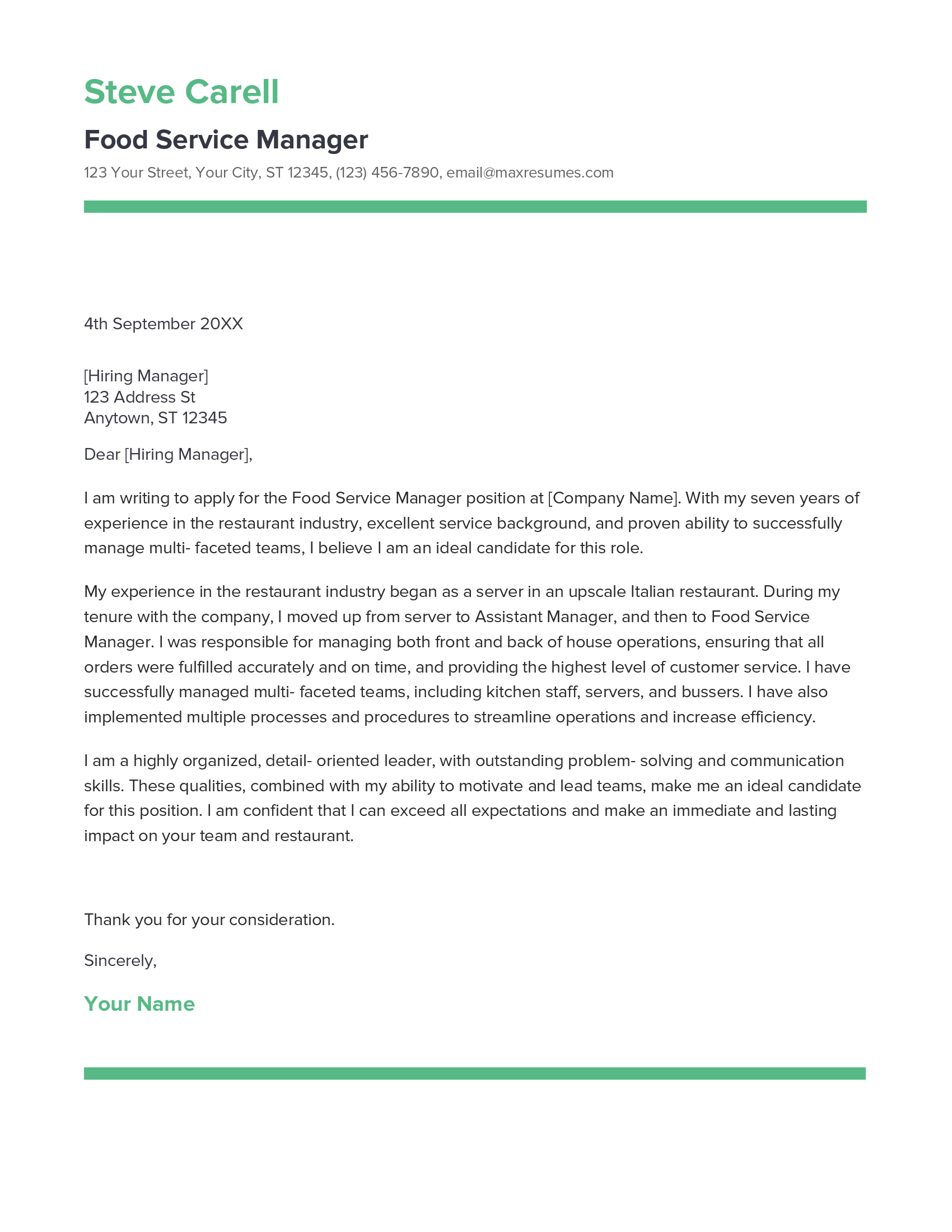 Food Service Manager Cover Letter Example