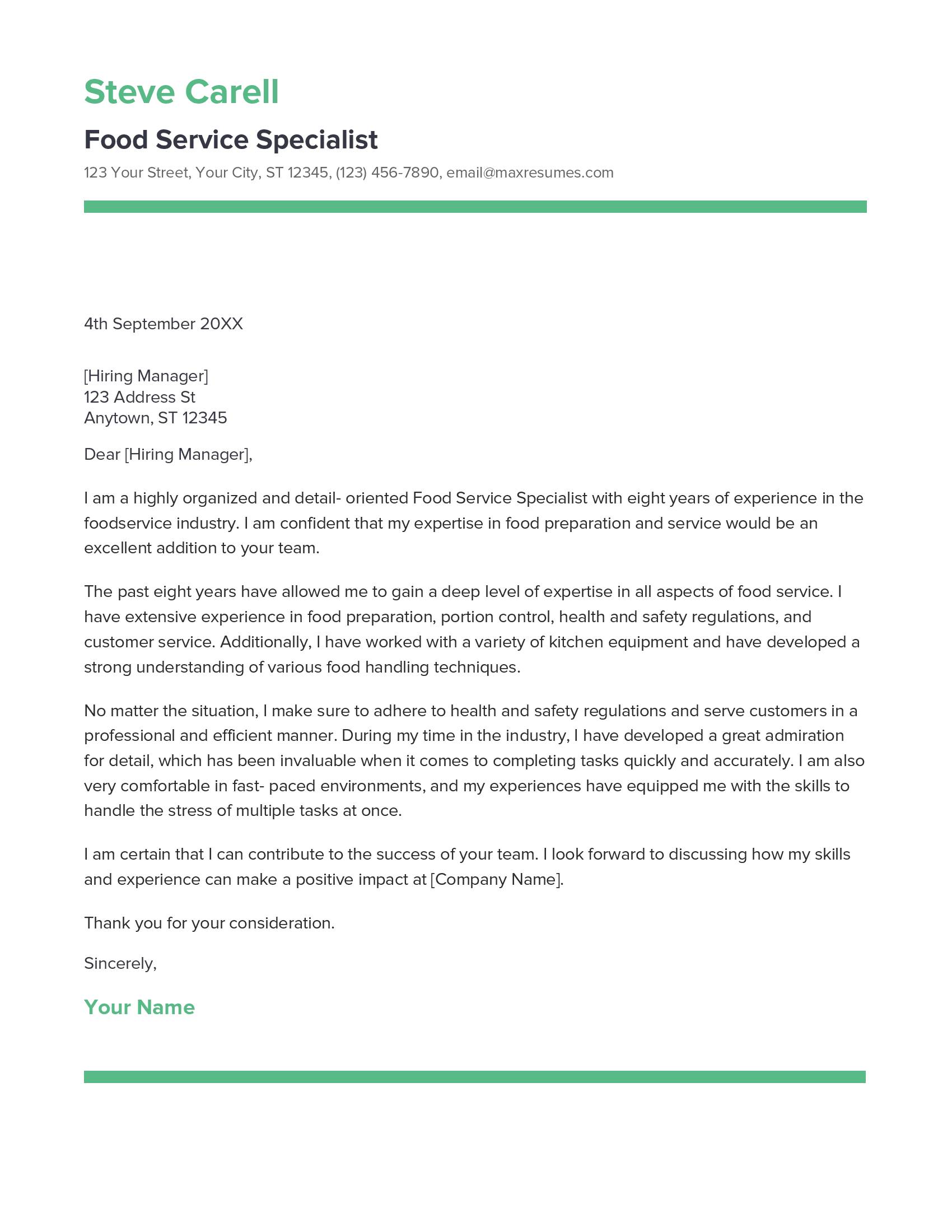 Food Service Specialist Cover Letter Example