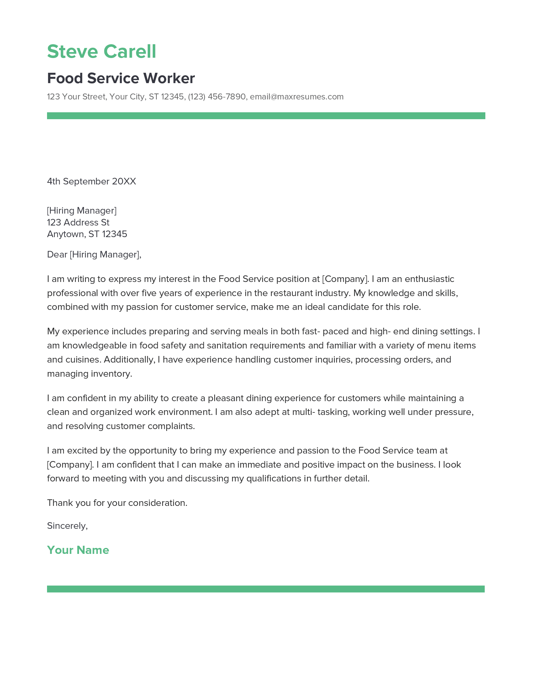Food Service Worker Cover Letter Example