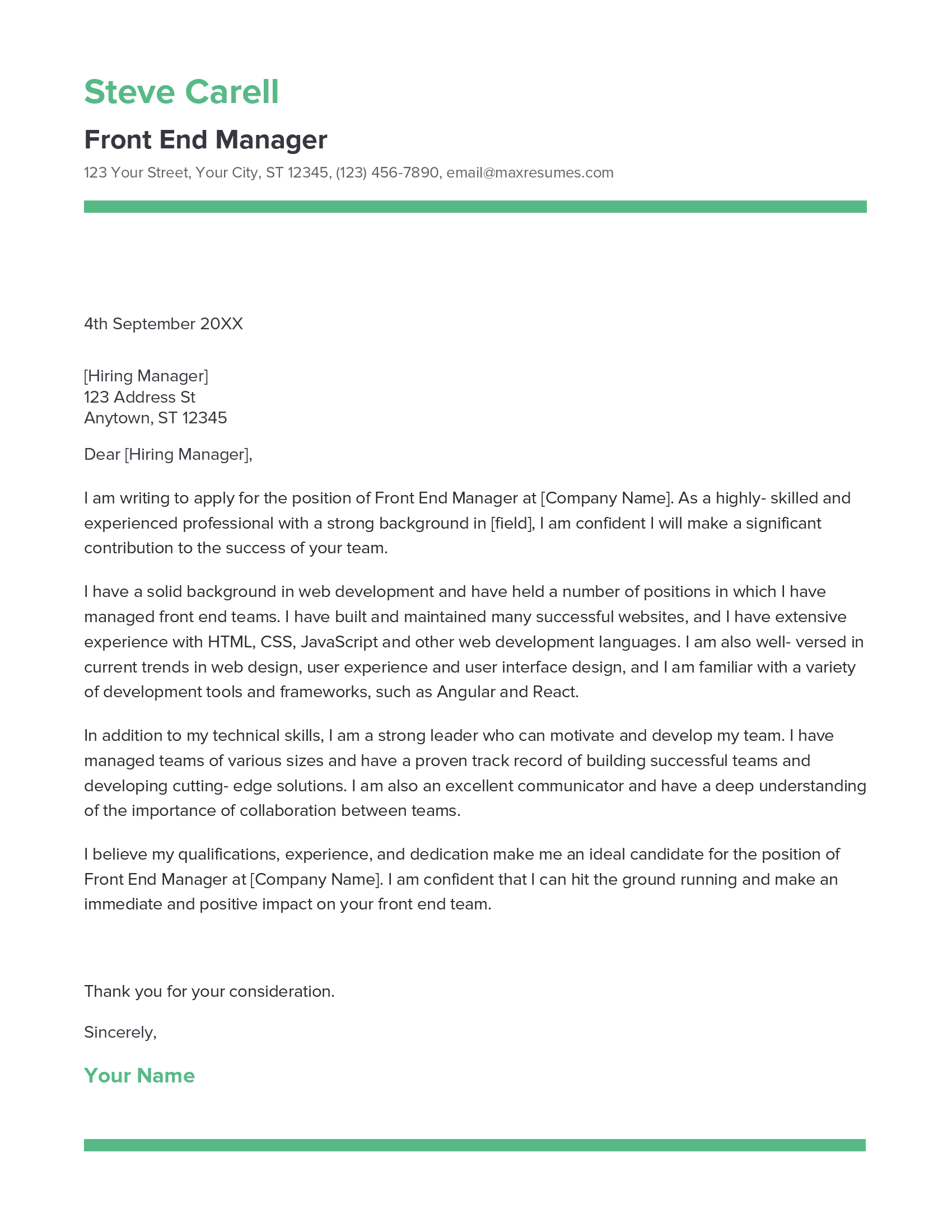 Front End Manager Cover Letter Example