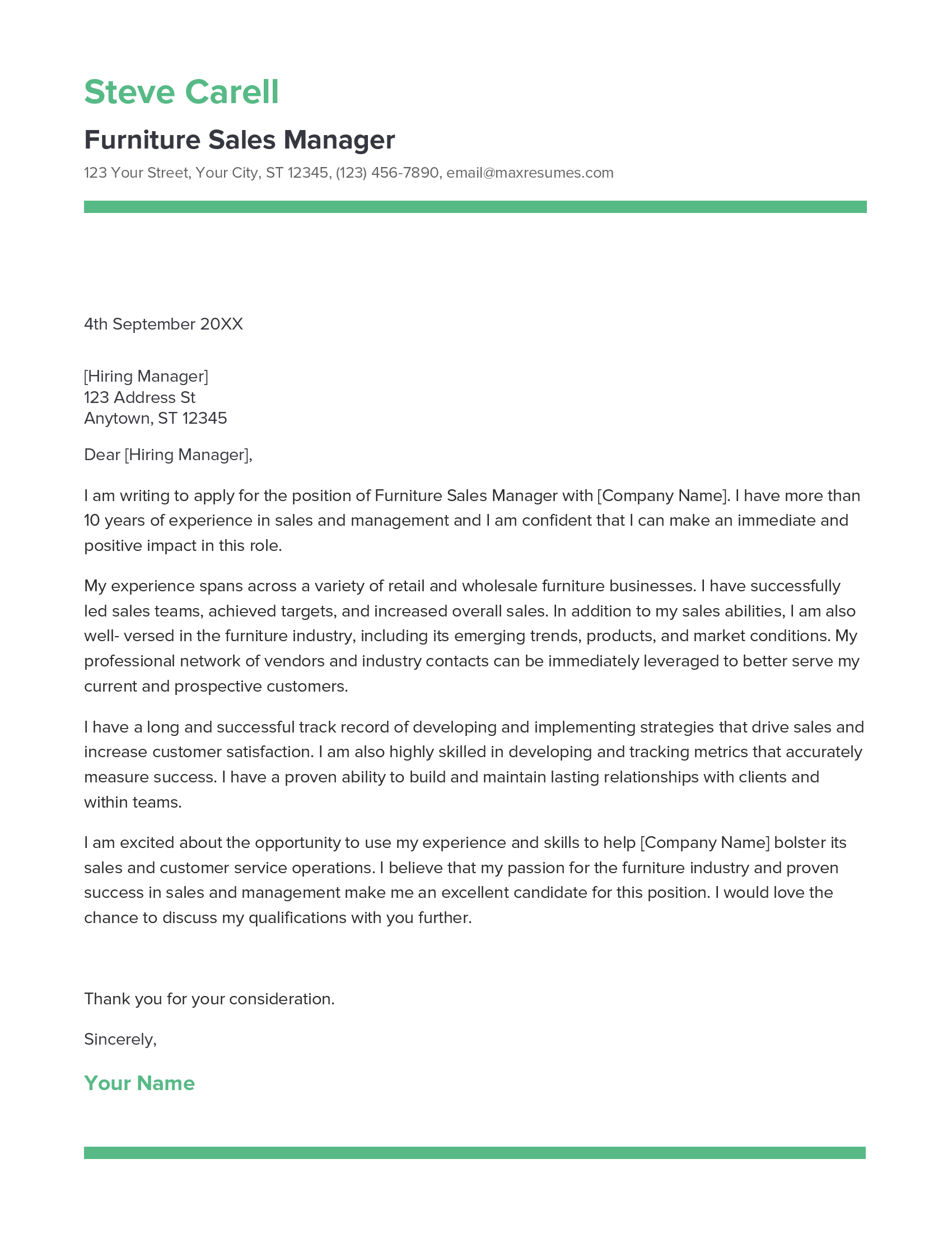 Furniture Sales Manager Cover Letter Example