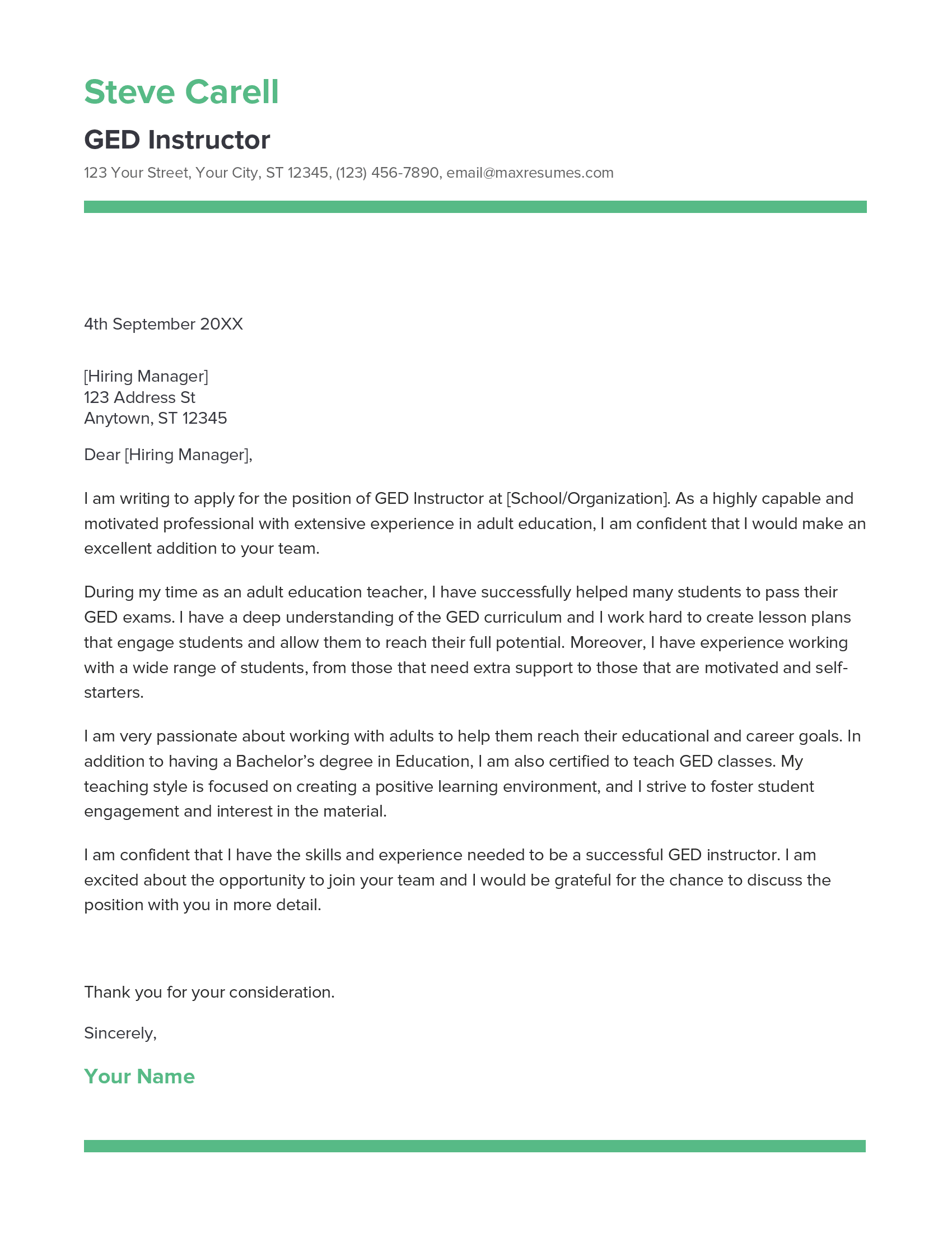 GED Instructor Cover Letter Example