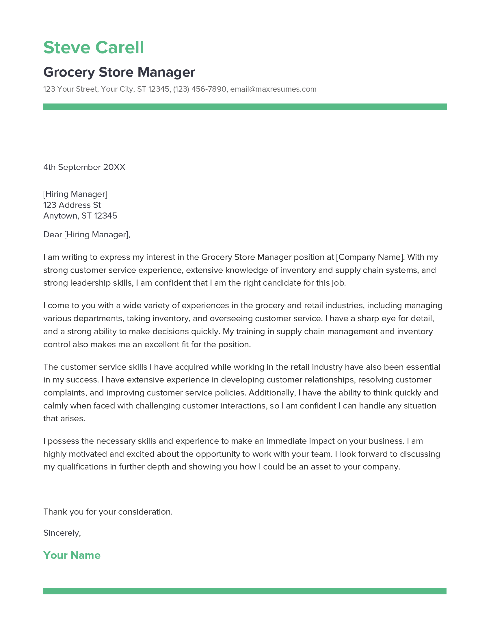 Grocery Store Manager Cover Letter Example