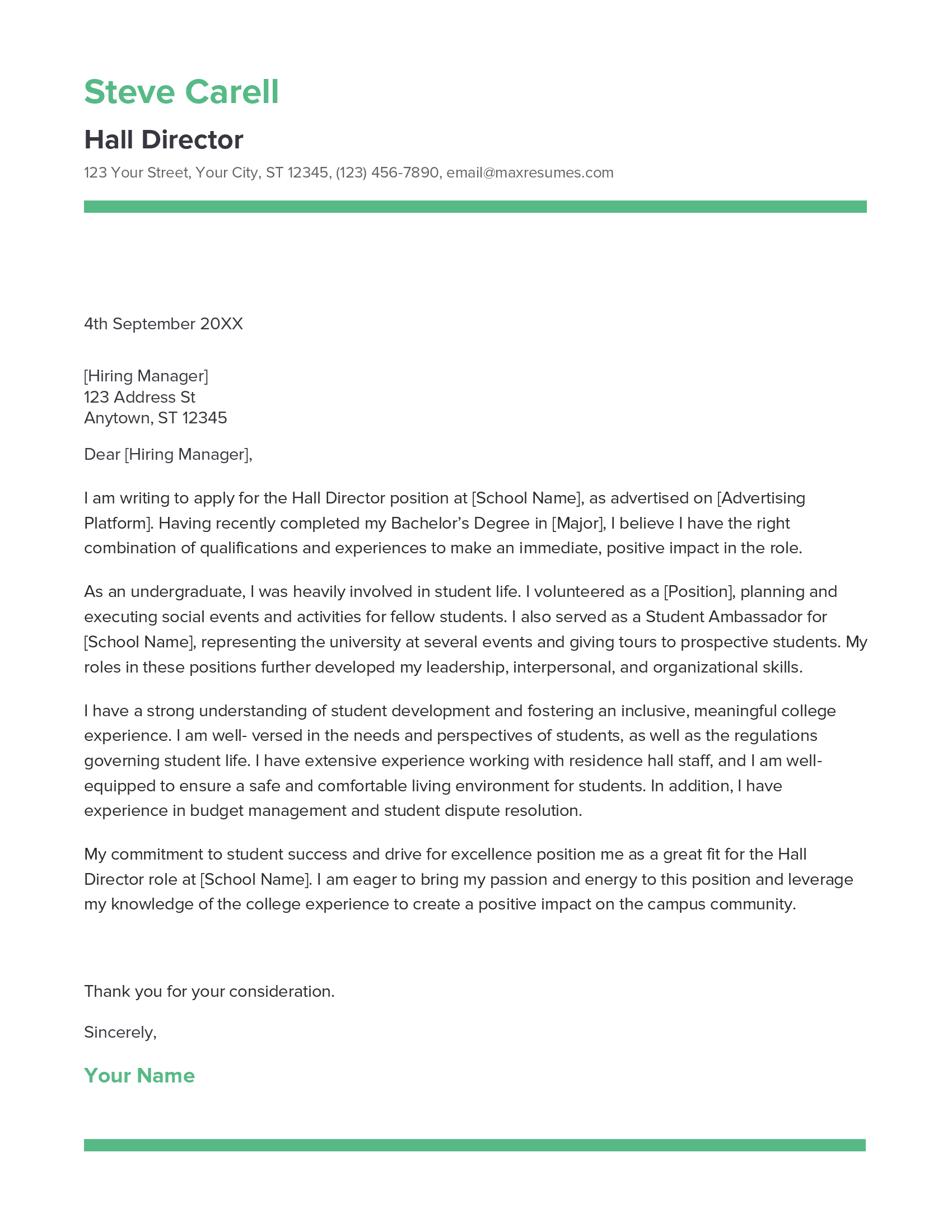 Hall Director Cover Letter Example
