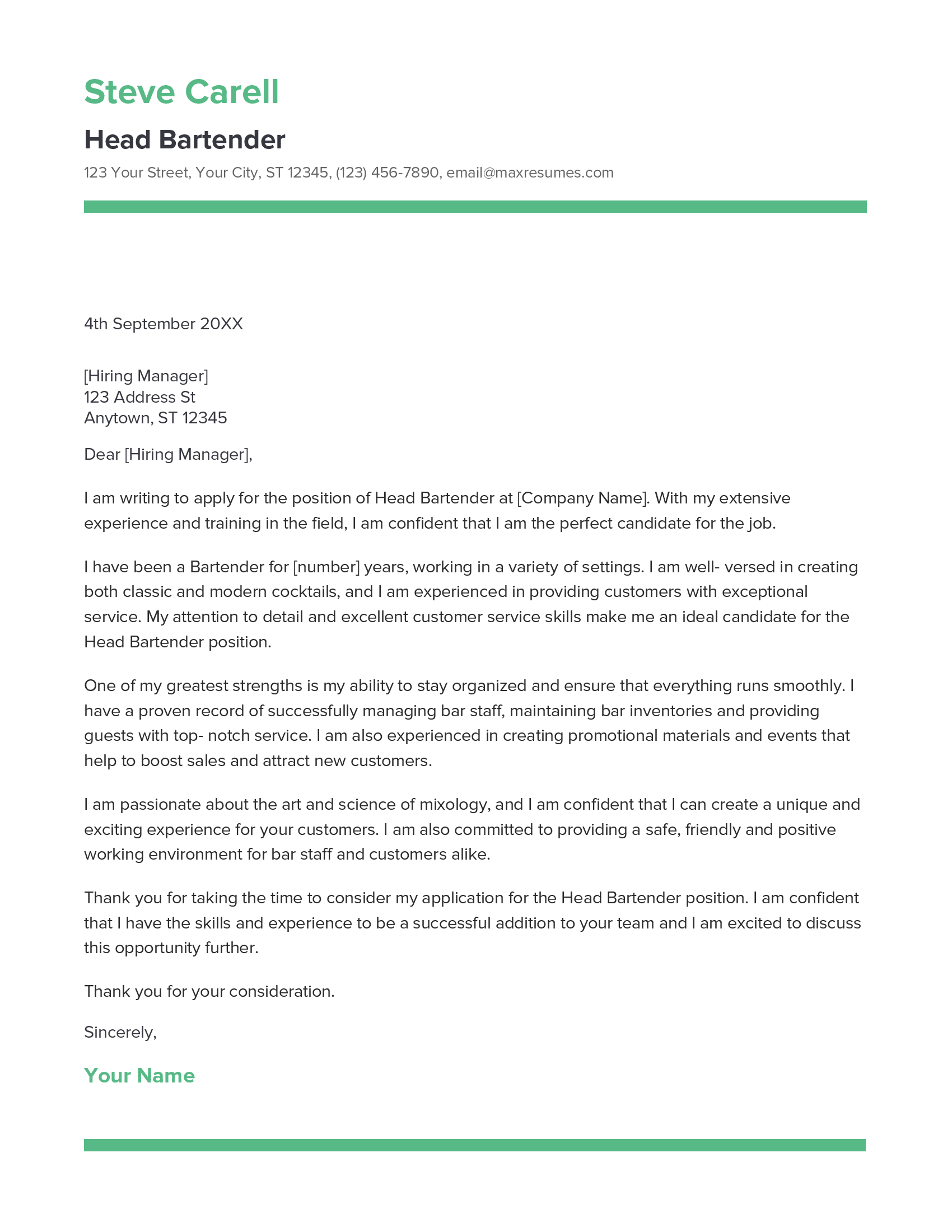 Head Bartender Cover Letter Example