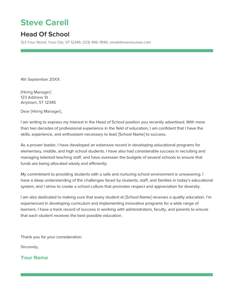 head of school application letter