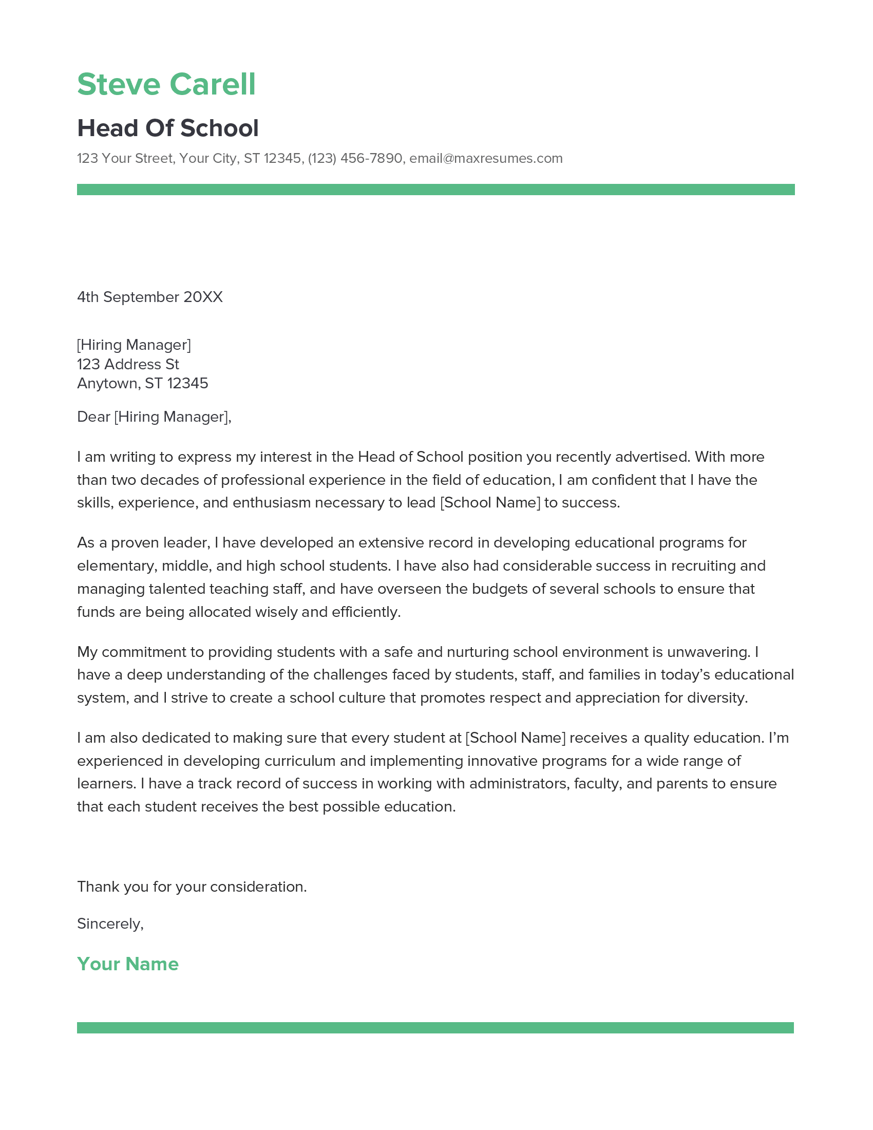 Head Of School Cover Letter Example