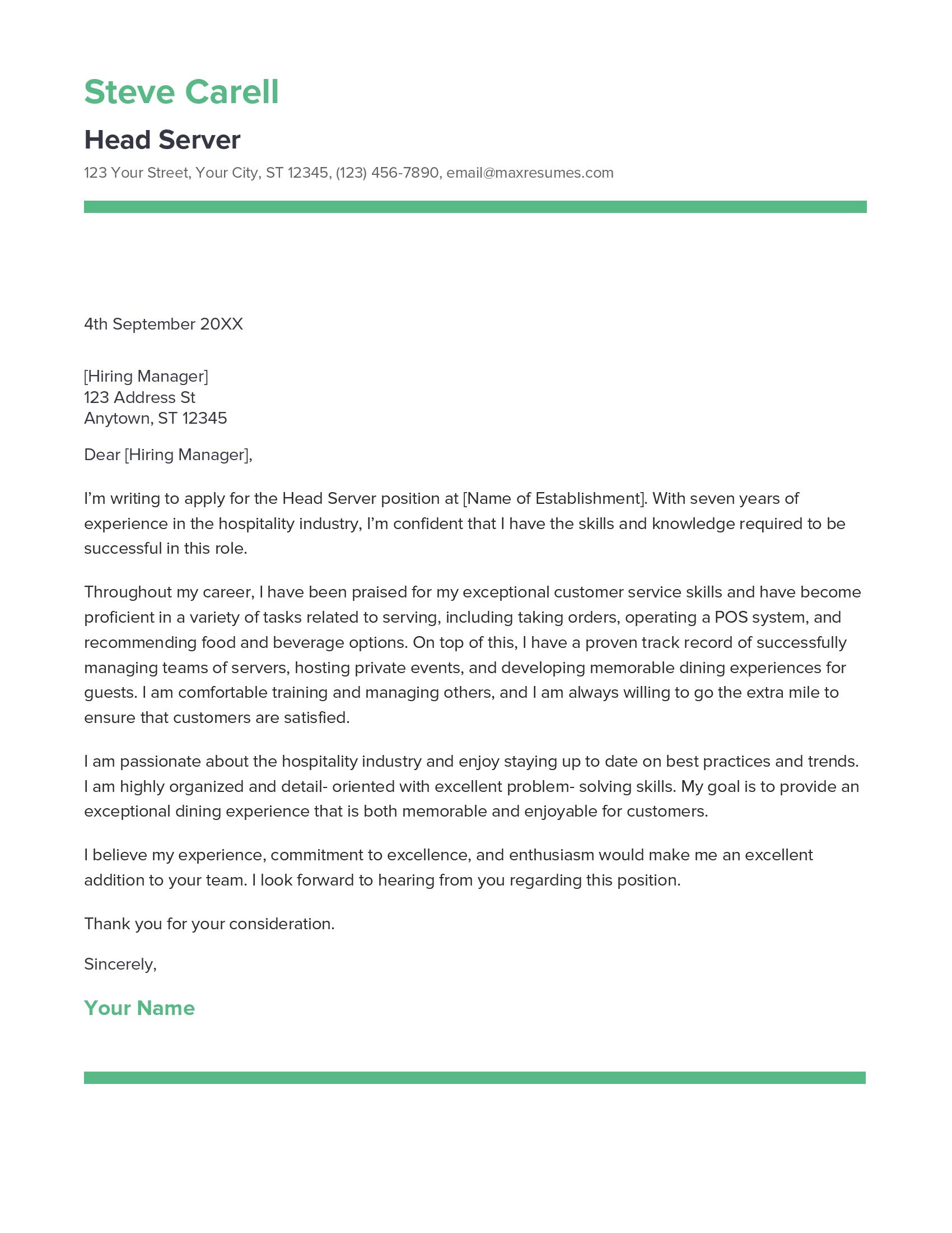 Head Server Cover Letter Example