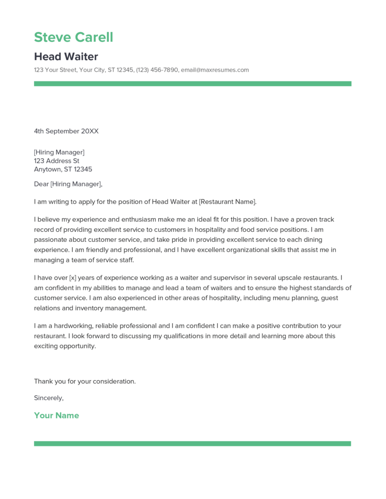 Best Head Waiter Cover Letter Example for 2023