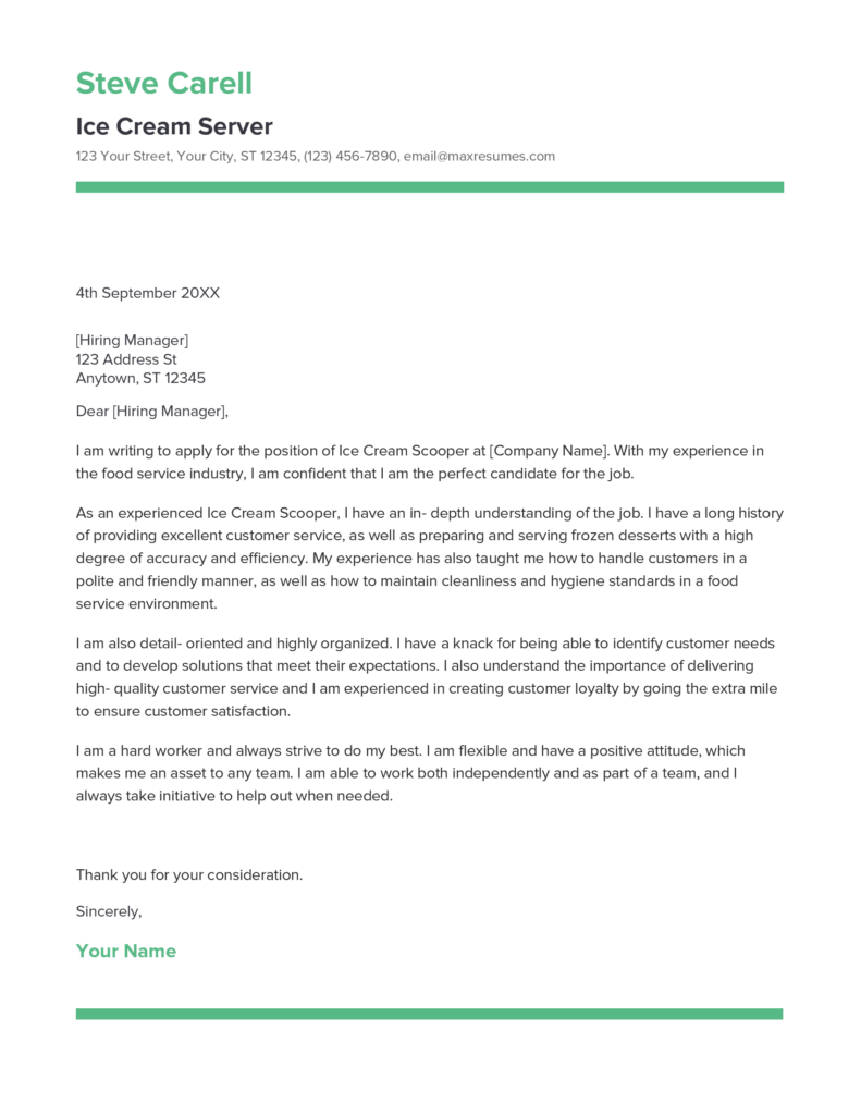 Best Ice Cream Scooper Cover Letter Example for 2023
