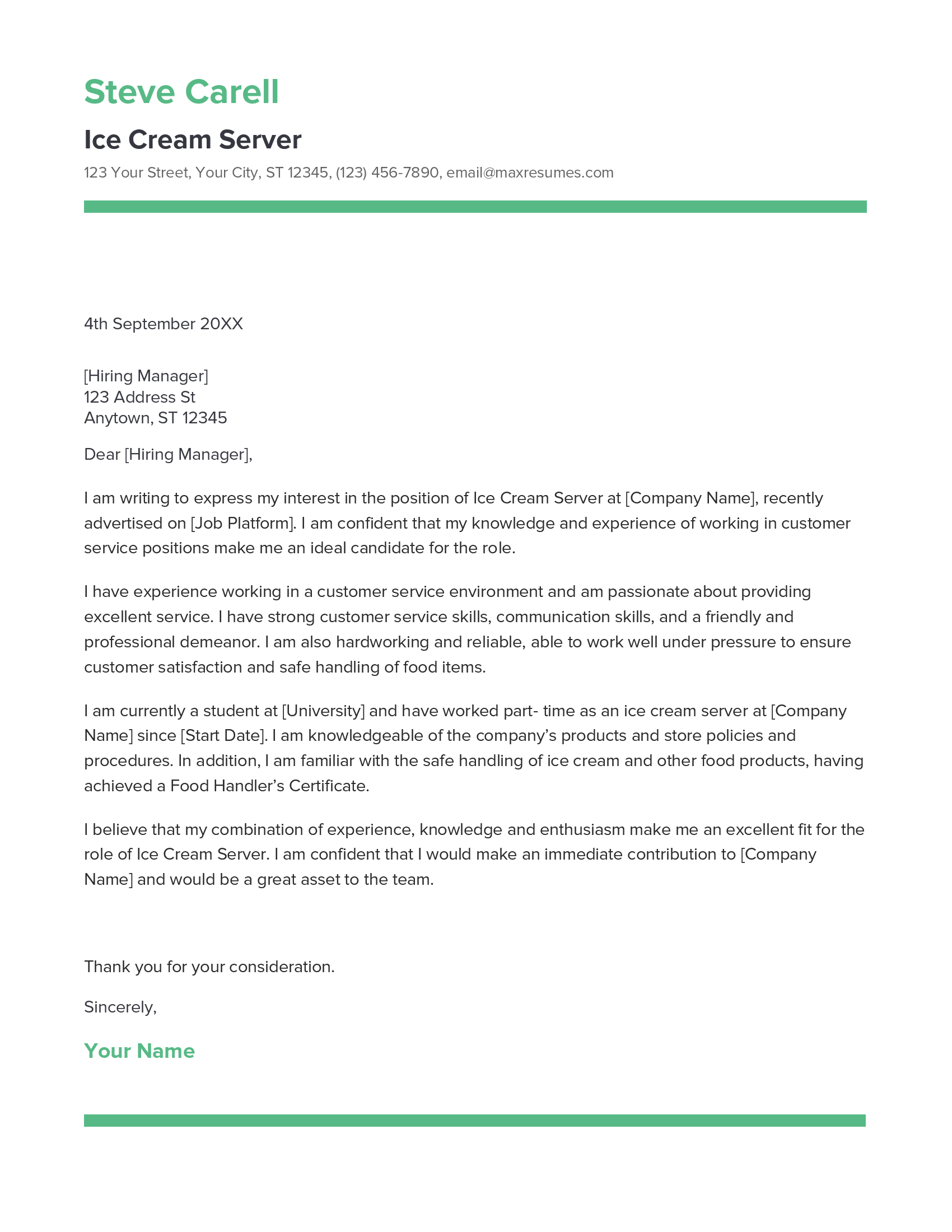 Ice Cream Server Cover Letter Example