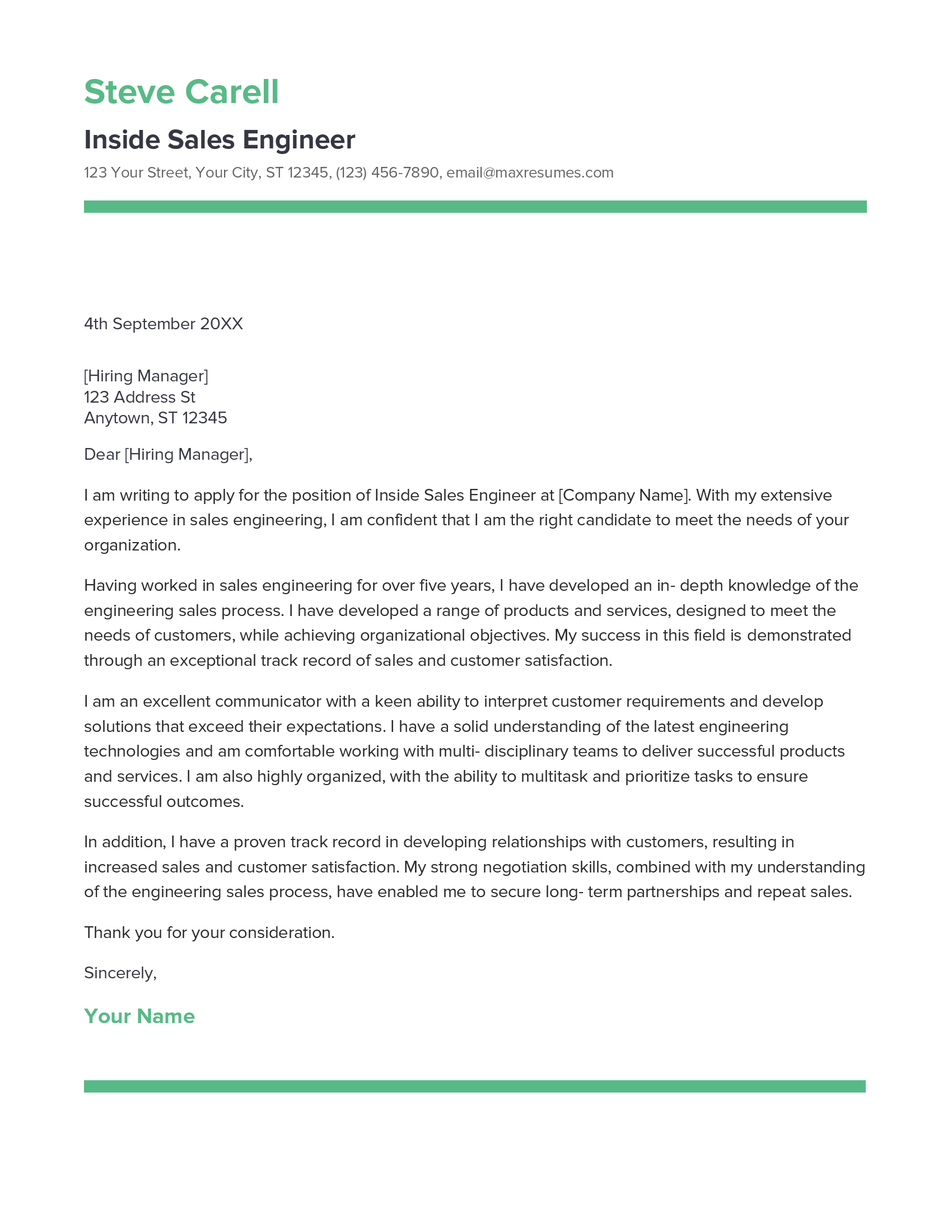 Inside Sales Engineer Cover Letter Example