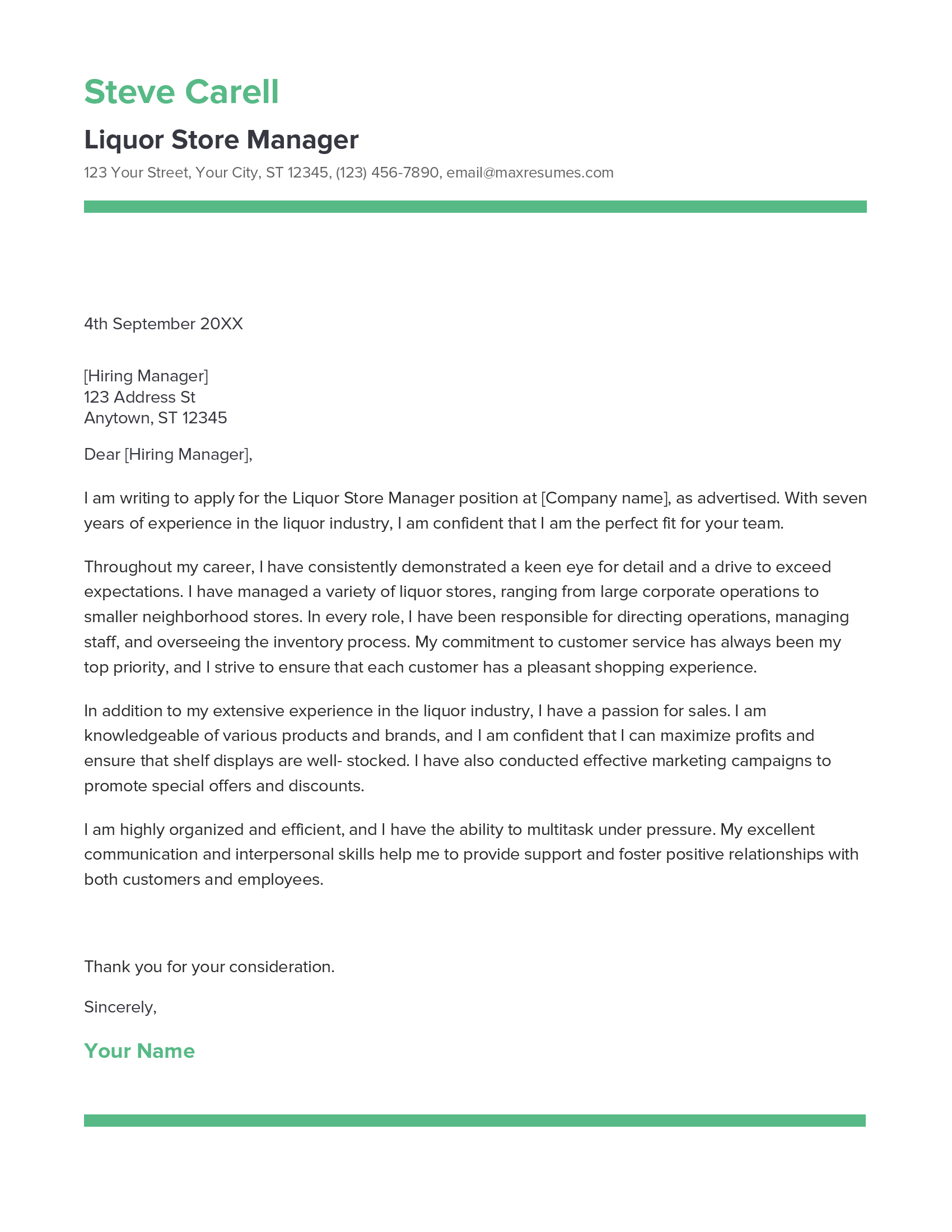 Liquor Store Manager Cover Letter Example