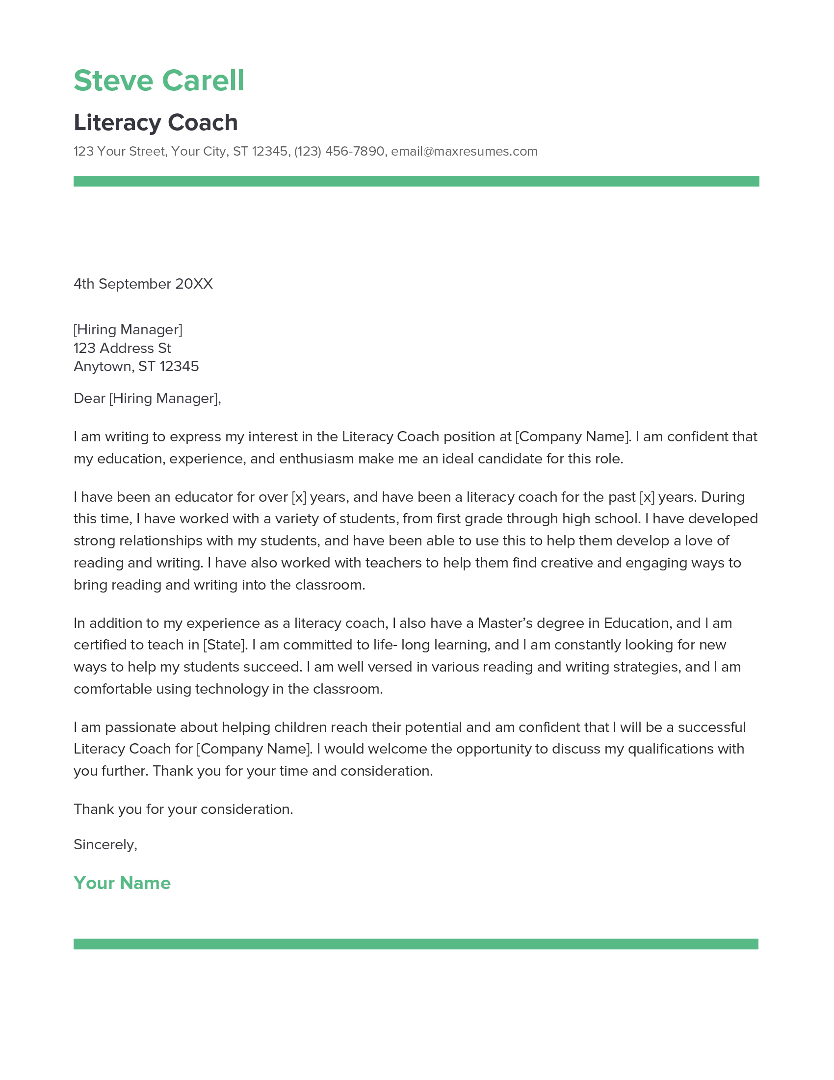 Literacy Coach Cover Letter Example