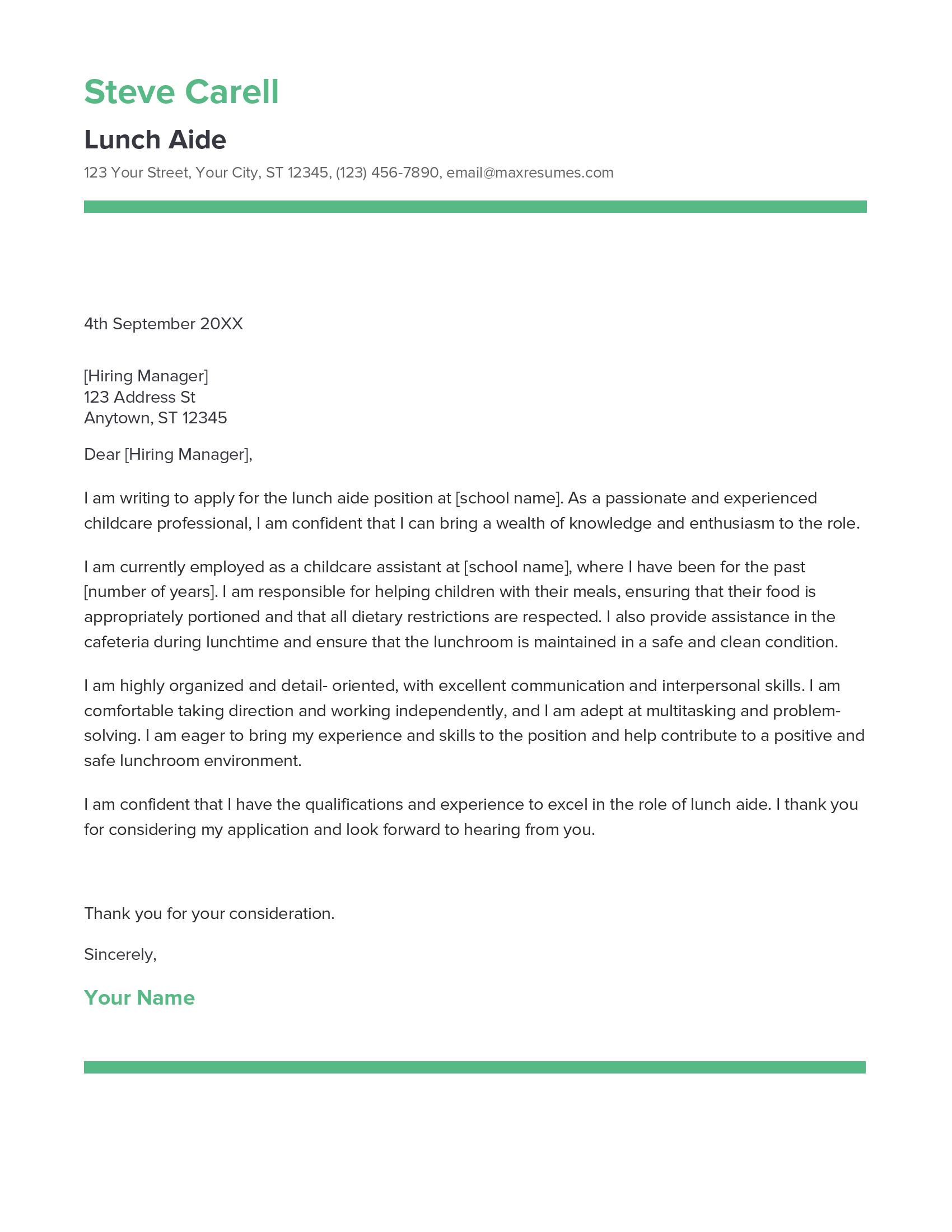 Lunch Aide Cover Letter Example