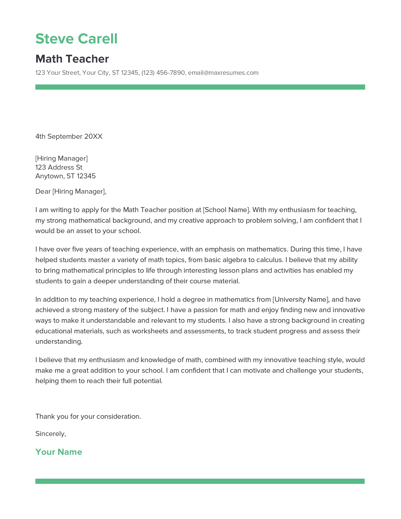 high school math teacher cover letter