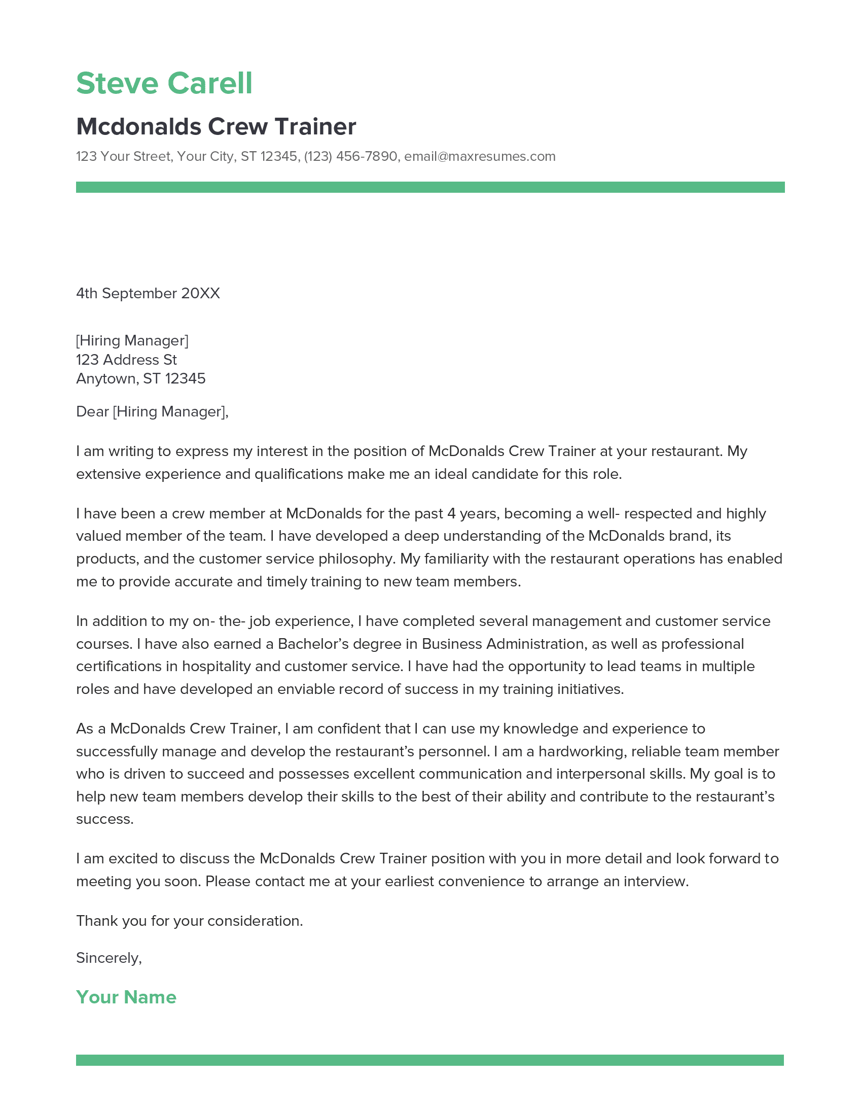 Mcdonalds Crew Trainer Cover Letter Example
