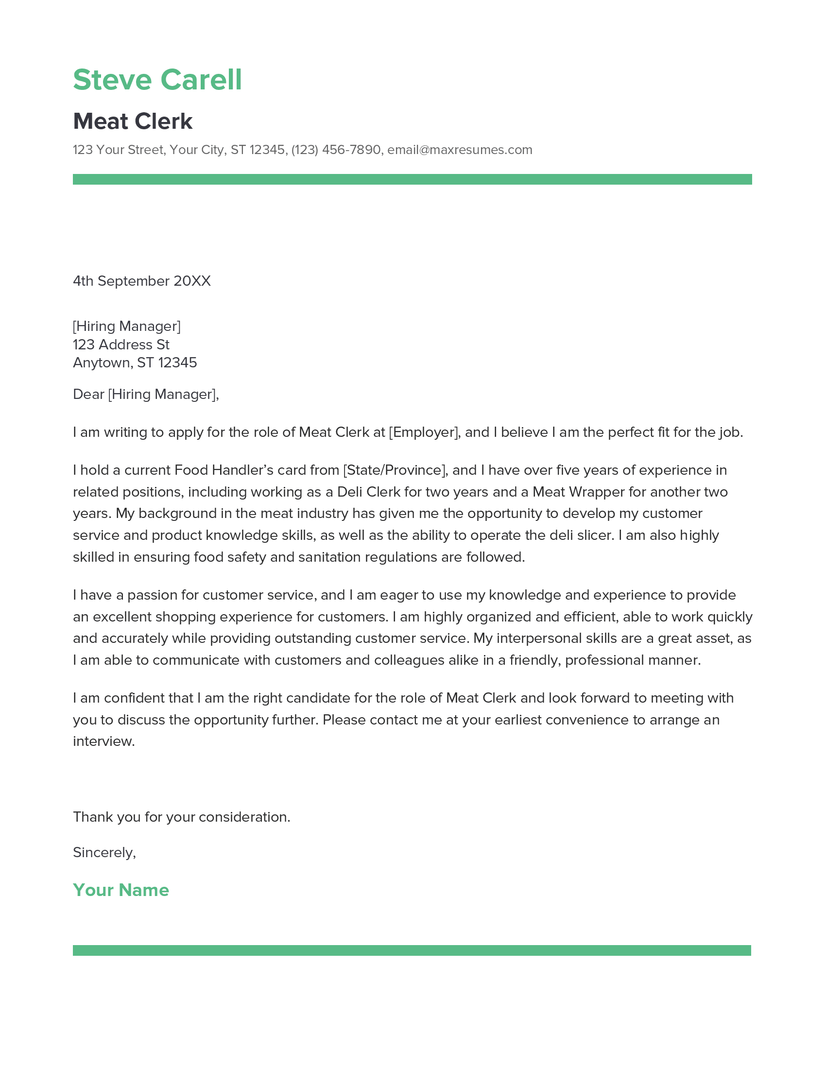 Meat Clerk Cover Letter Example