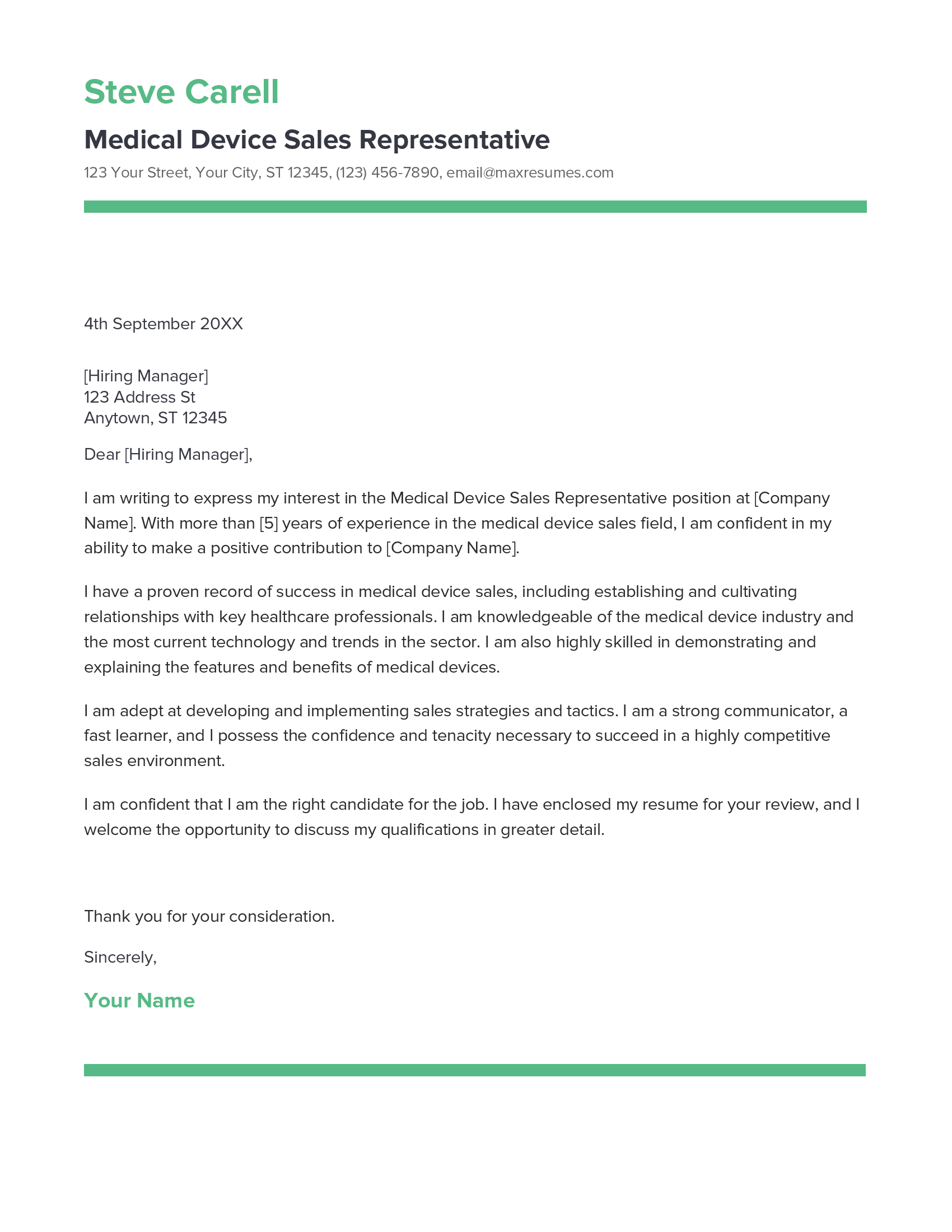 Medical Device Sales Representative Cover Letter Example