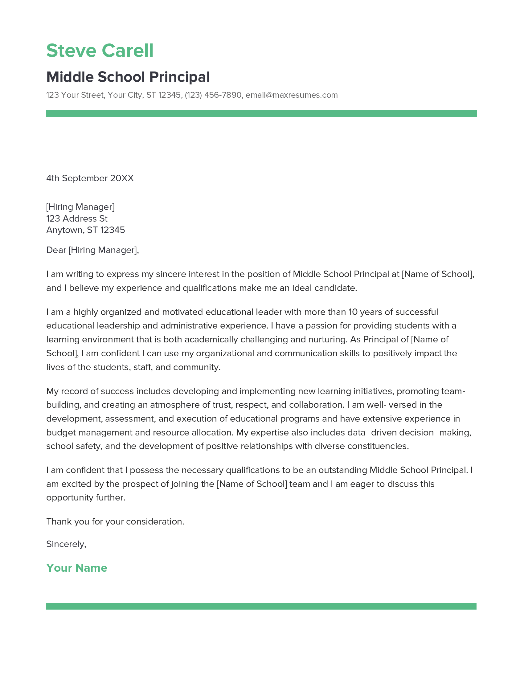 Middle School Principal Cover Letter Example