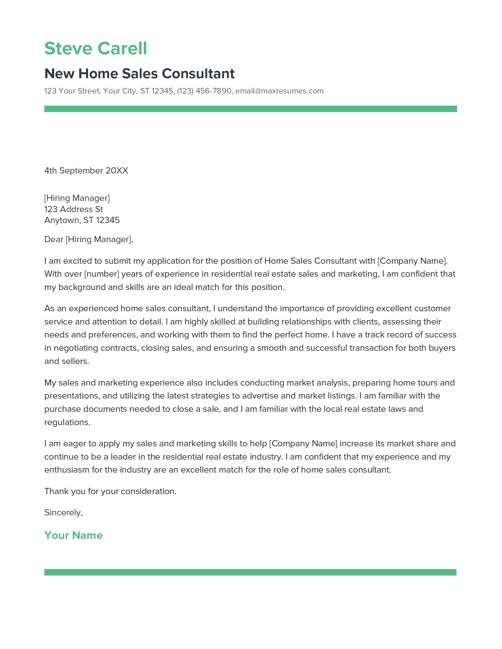New Home Sales Consultant Cover Letter Example