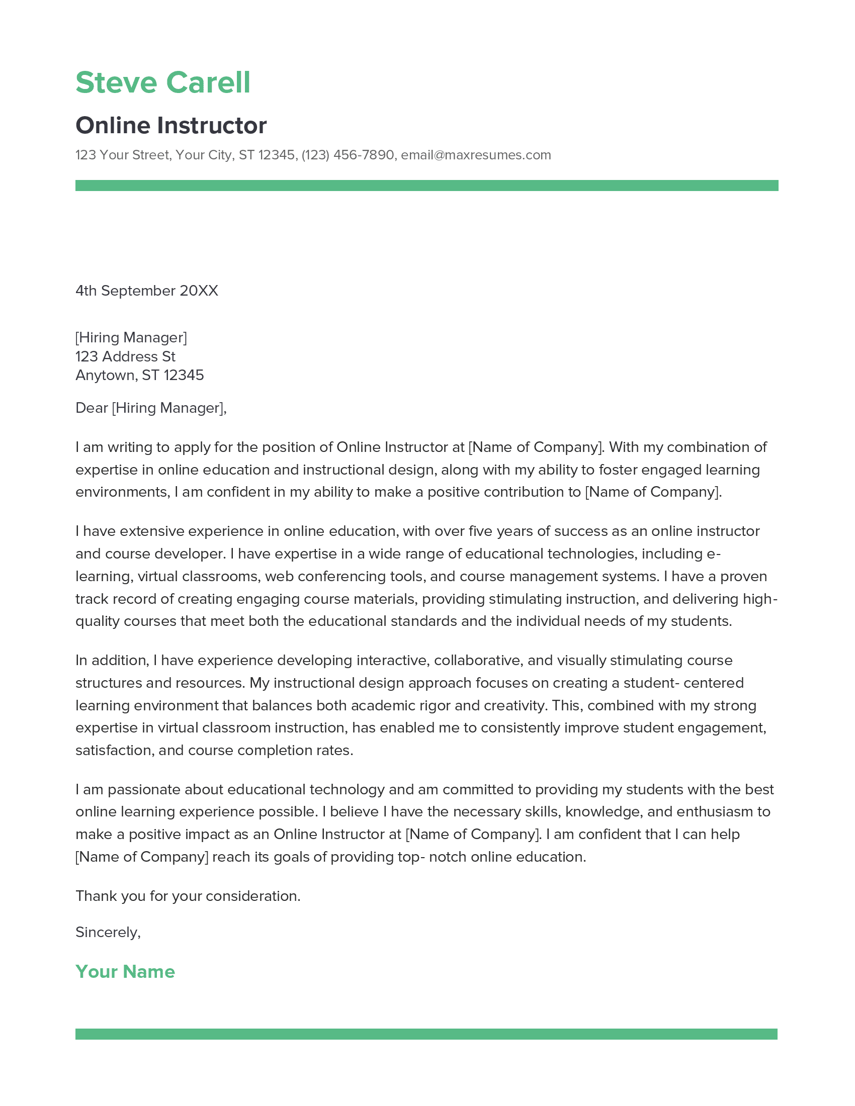 Online Instructor Cover Letter Example