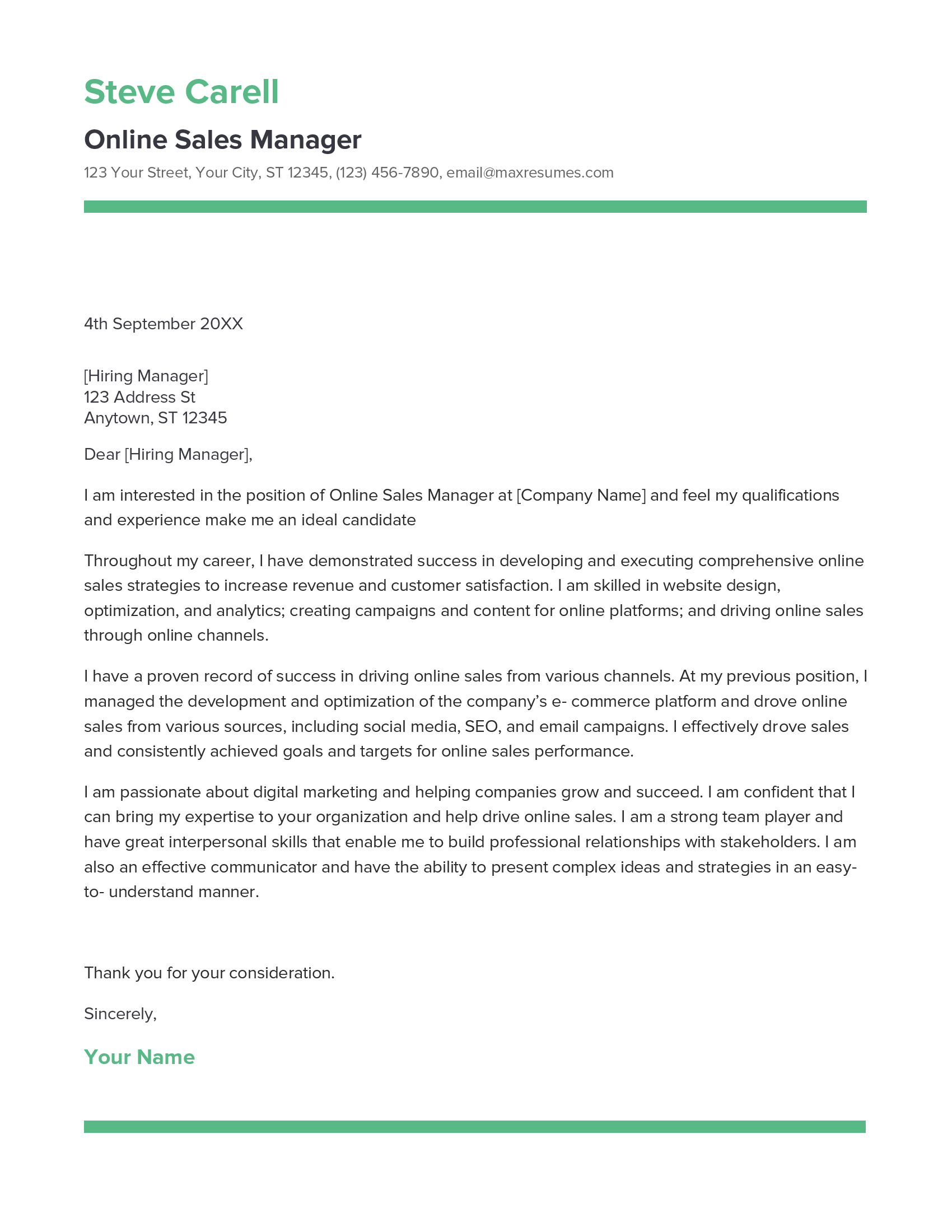 Online Sales Manager Cover Letter Example