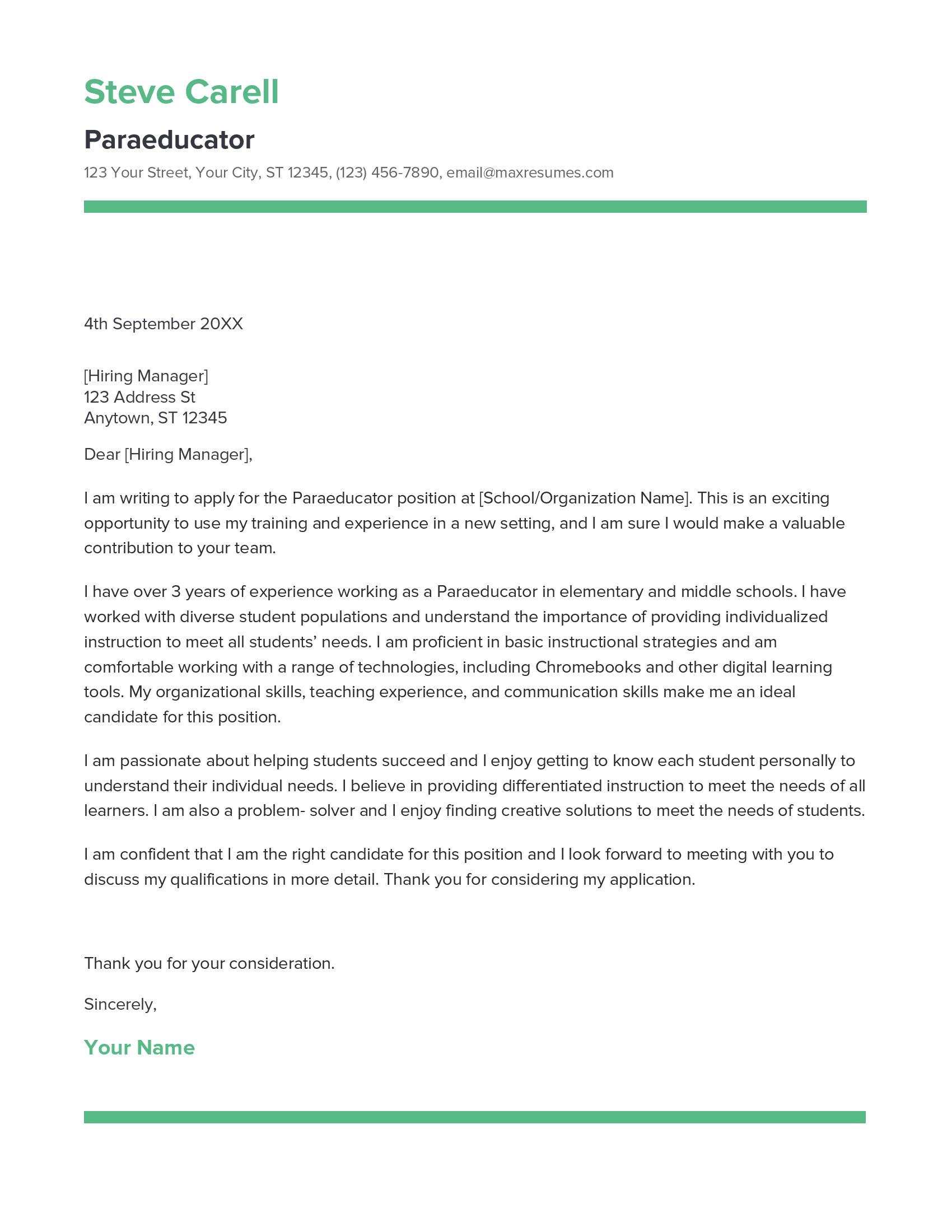 Paraeducator Cover Letter Example