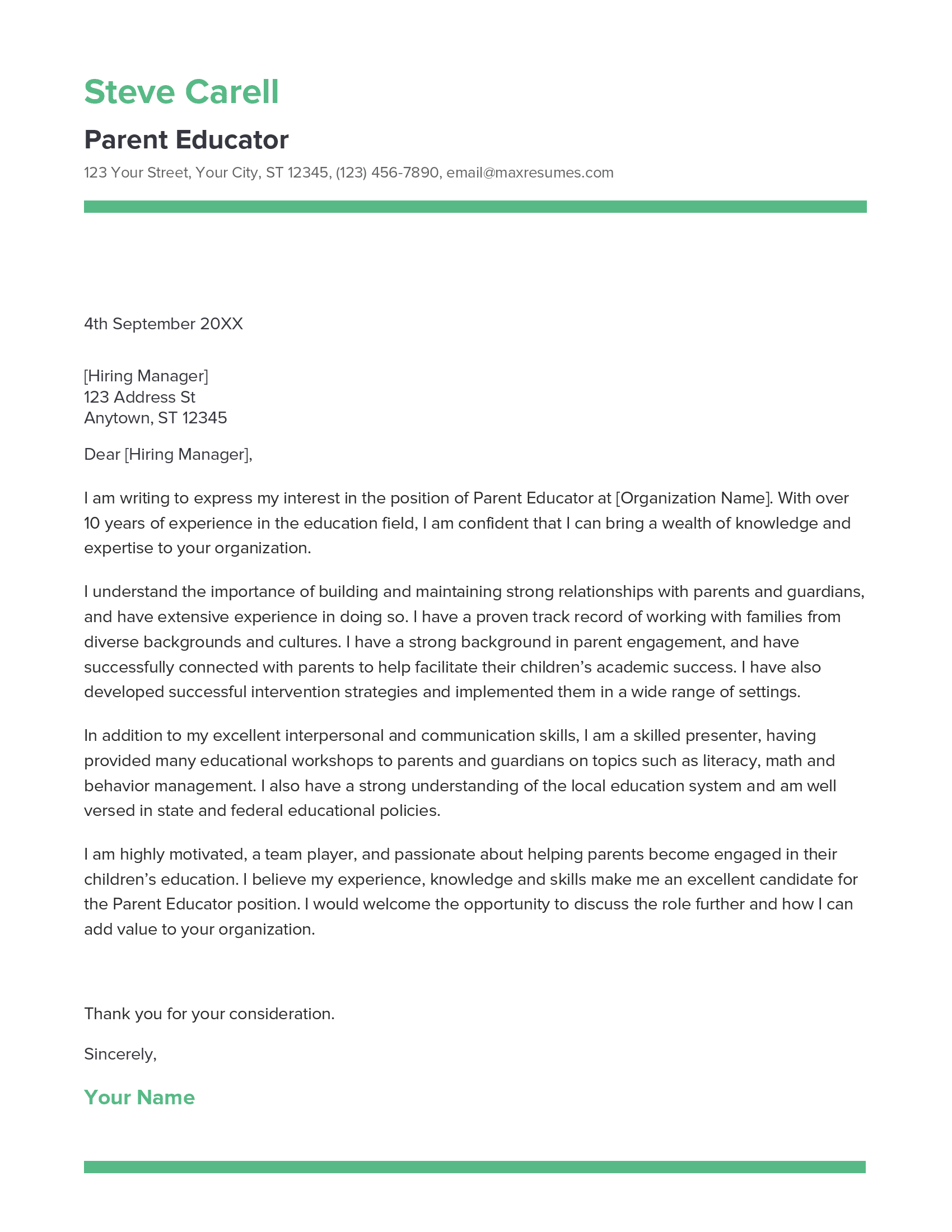 Parent Educator Cover Letter Example