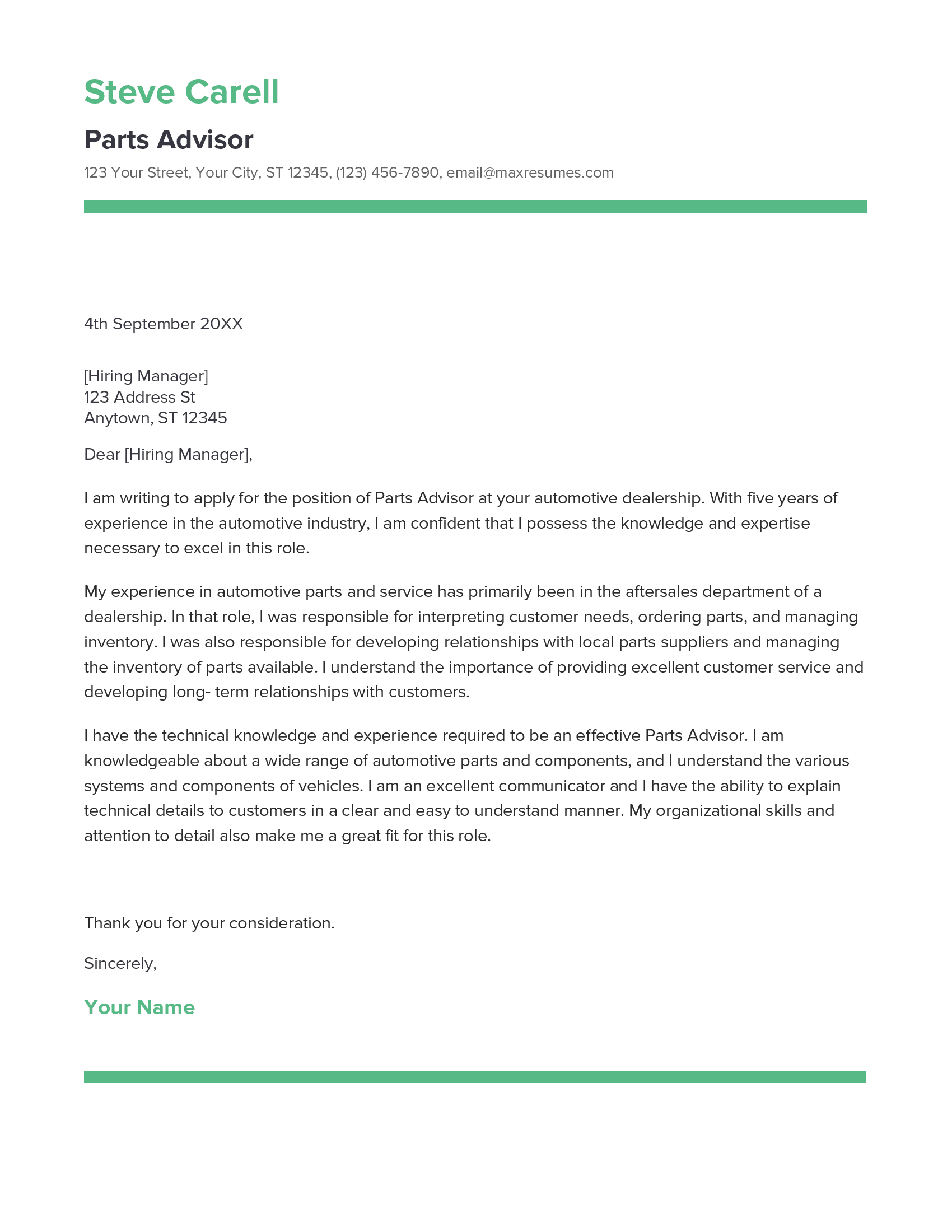 Parts Advisor Cover Letter Example