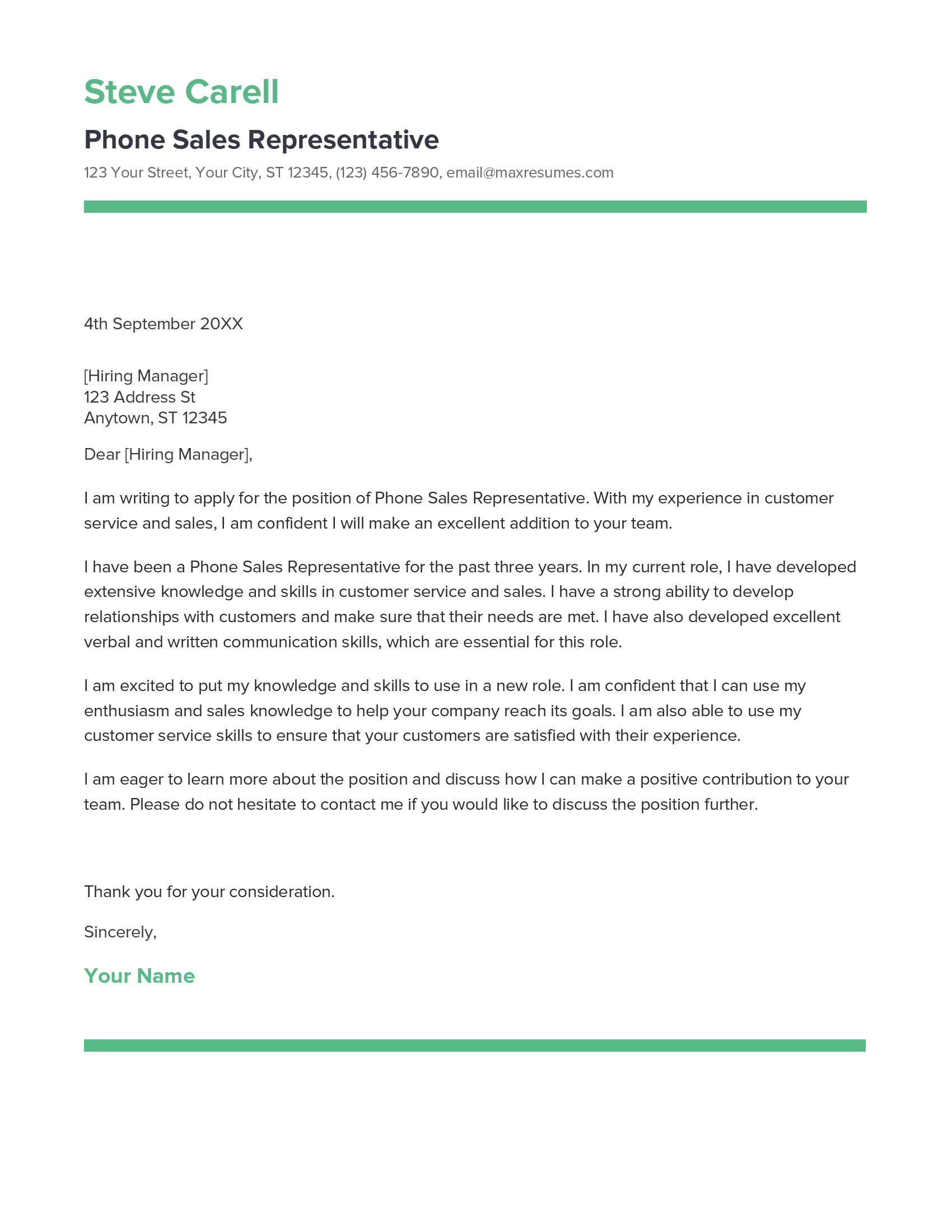 Phone Sales Representative Cover Letter Example
