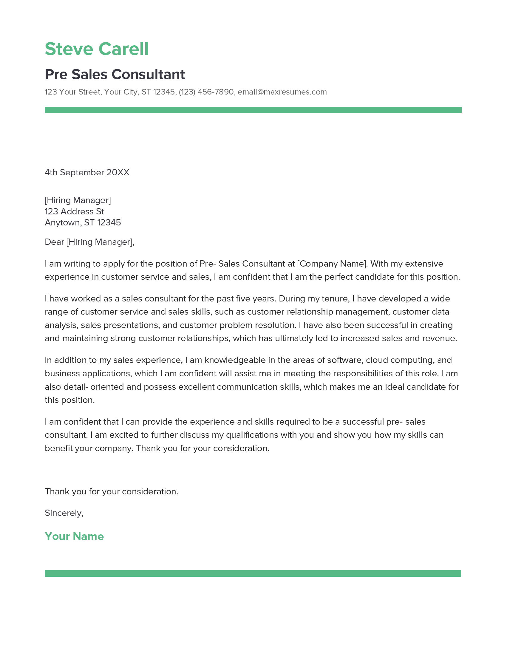 Pre Sales Consultant Cover Letter Example
