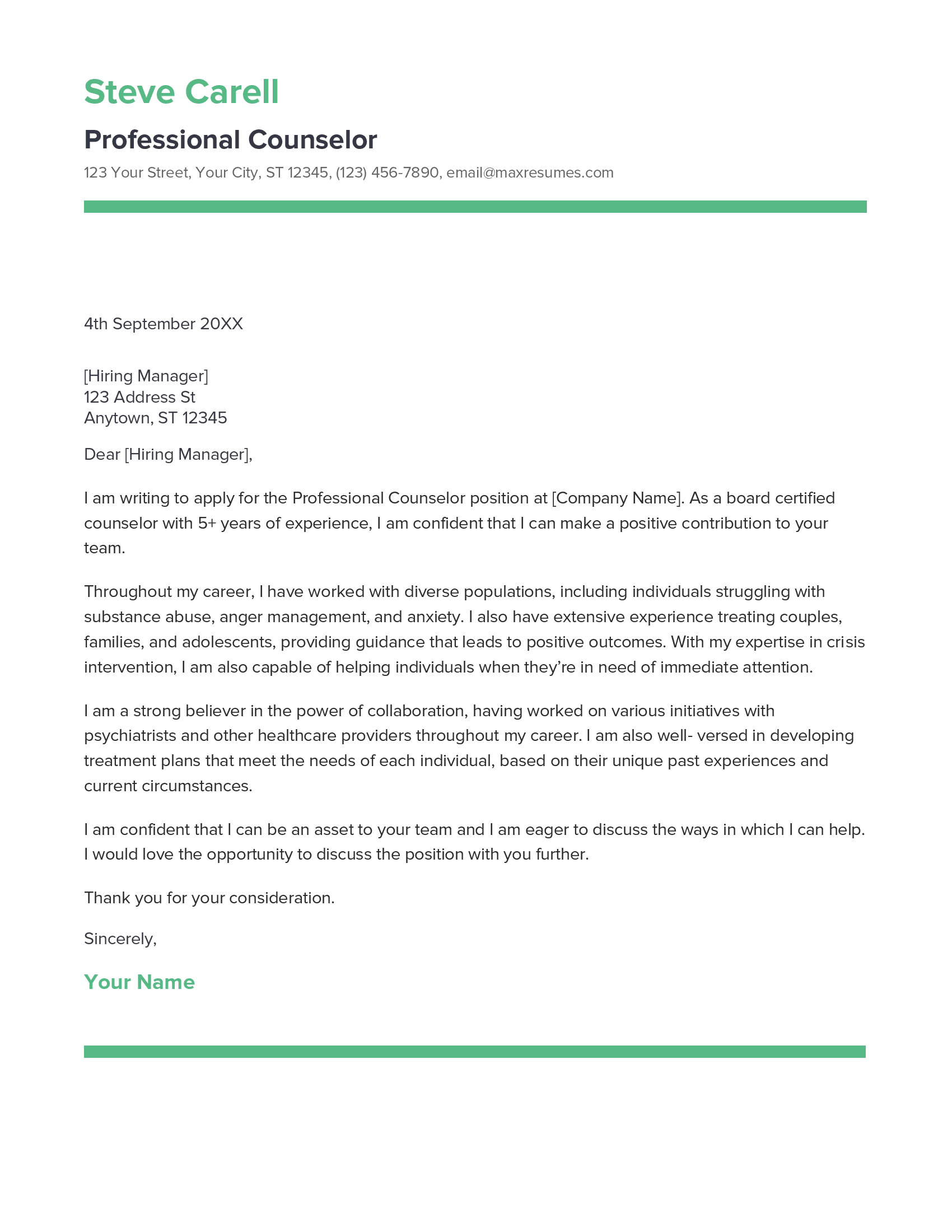 Professional Counselor Cover Letter Example