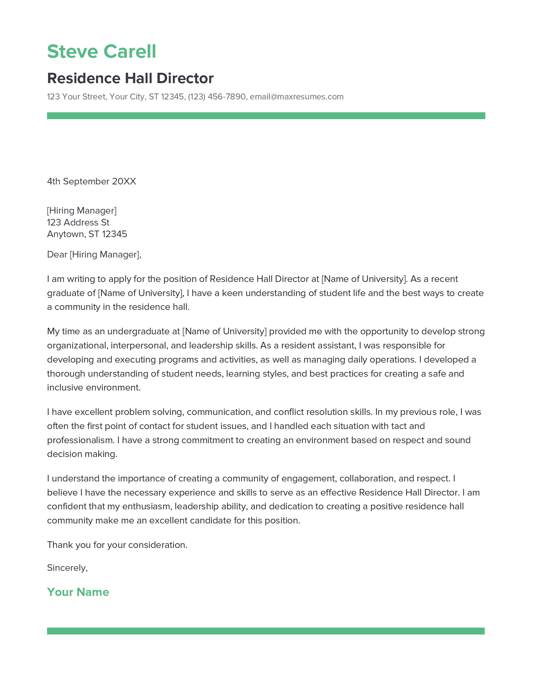 Residence Hall Director Cover Letter Example