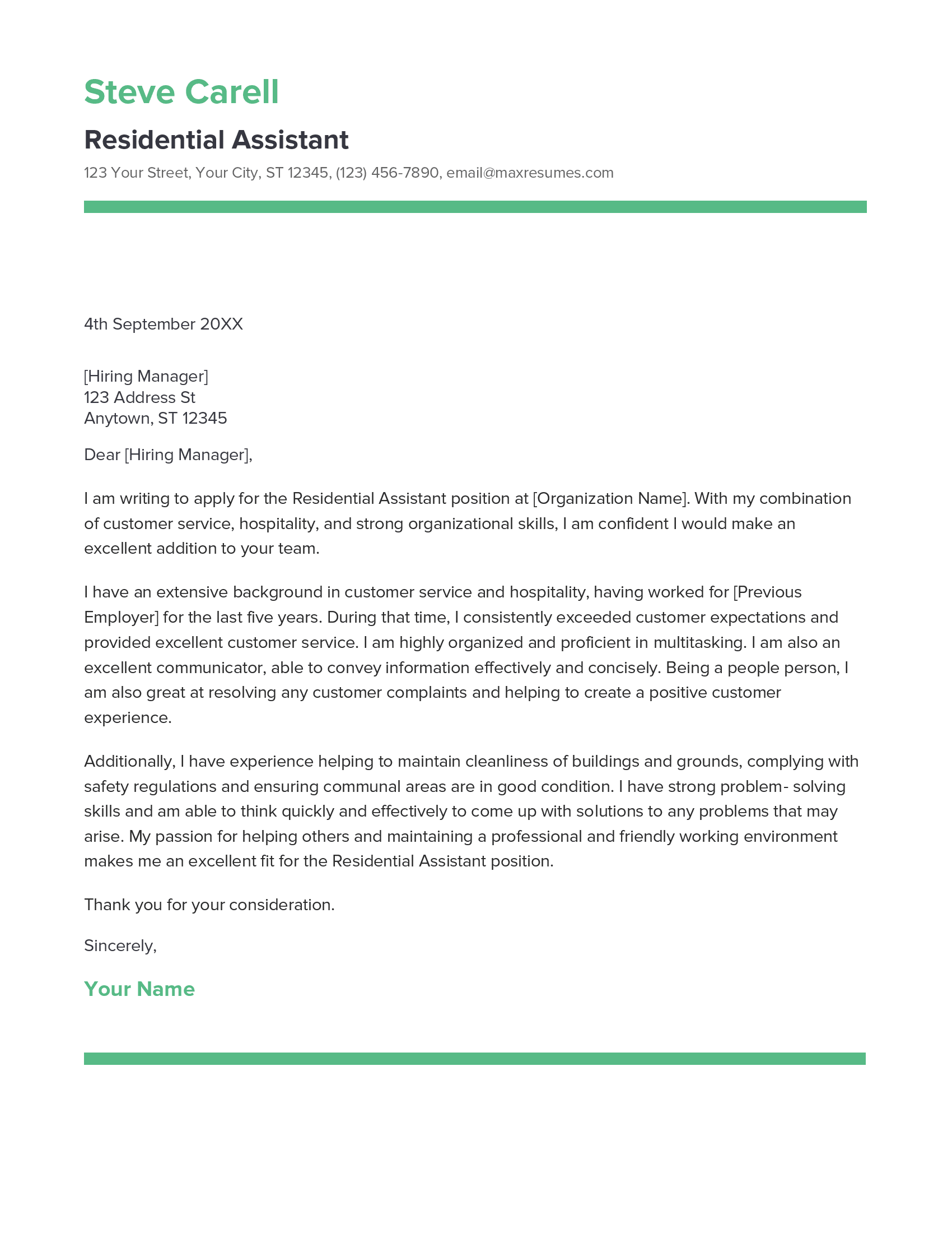 Residential Assistant Cover Letter Example