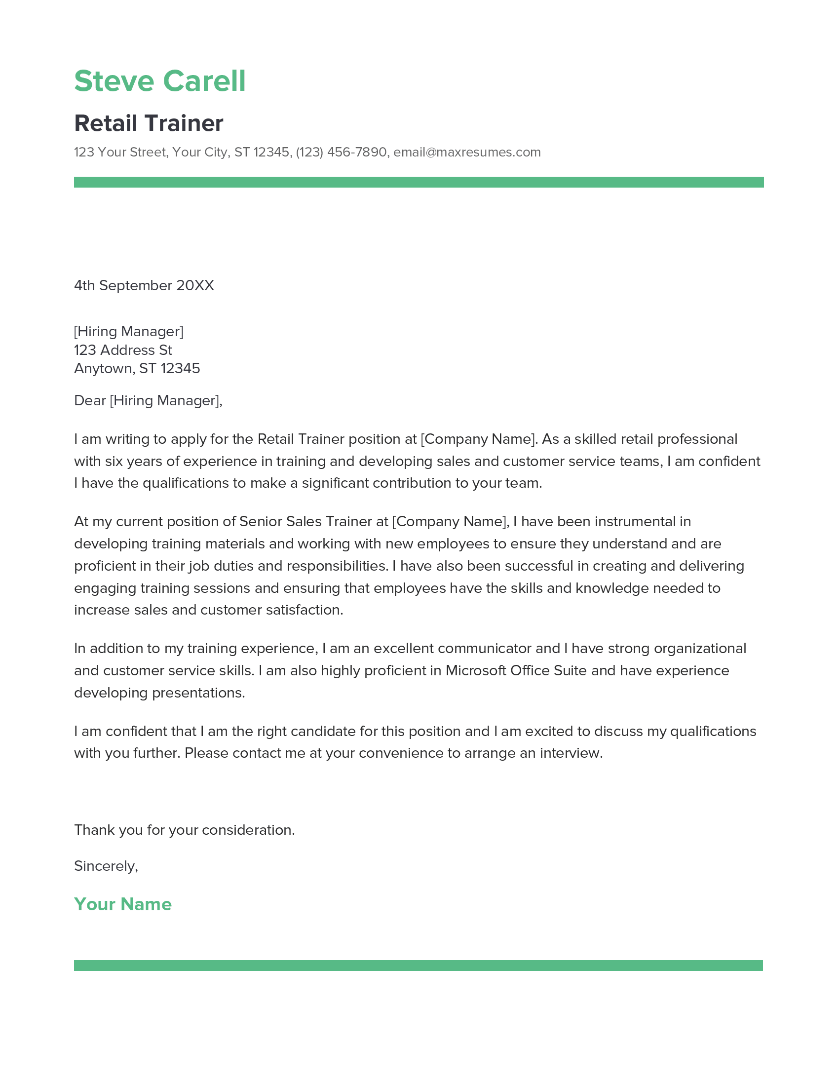Retail Trainer Cover Letter Example