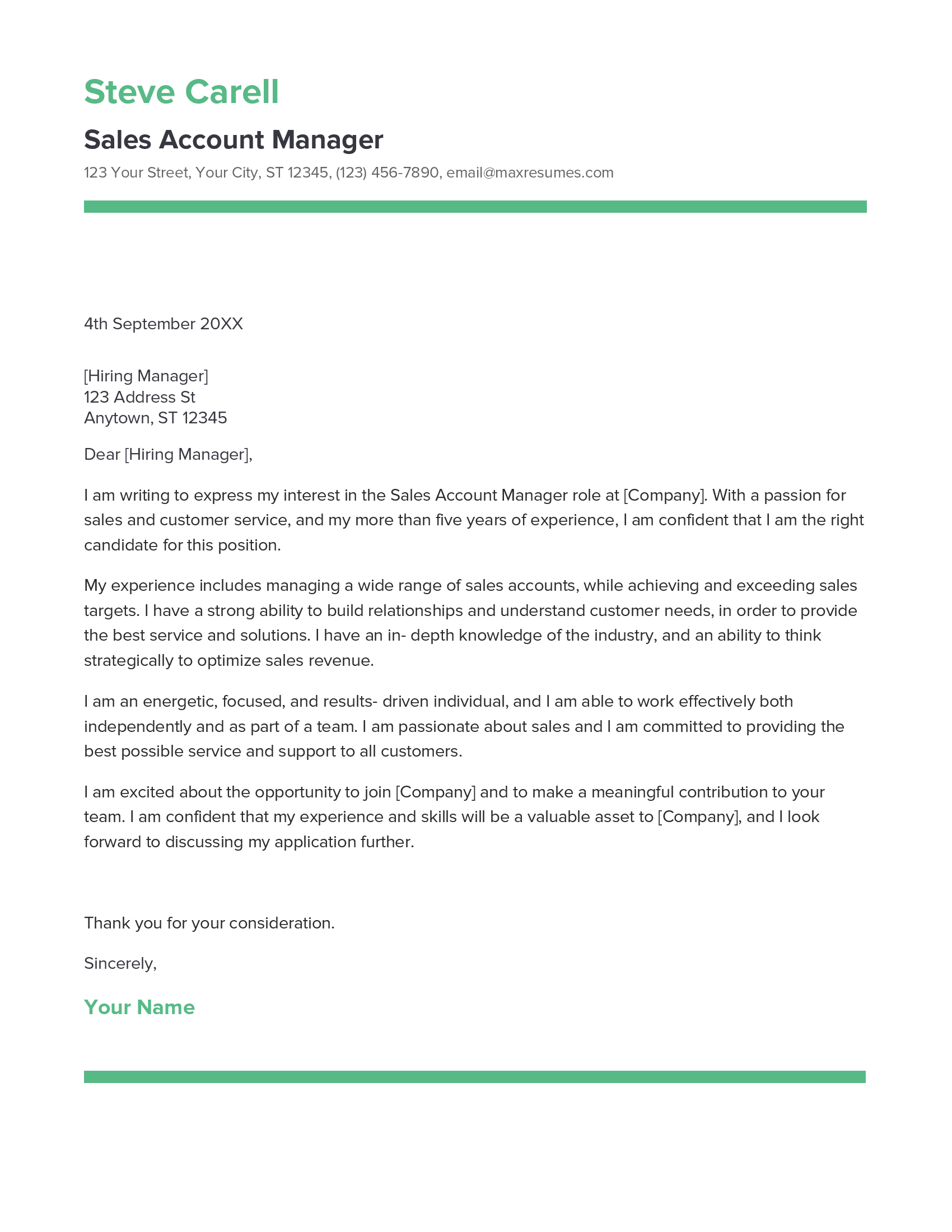 Sales Account Manager Cover Letter Example