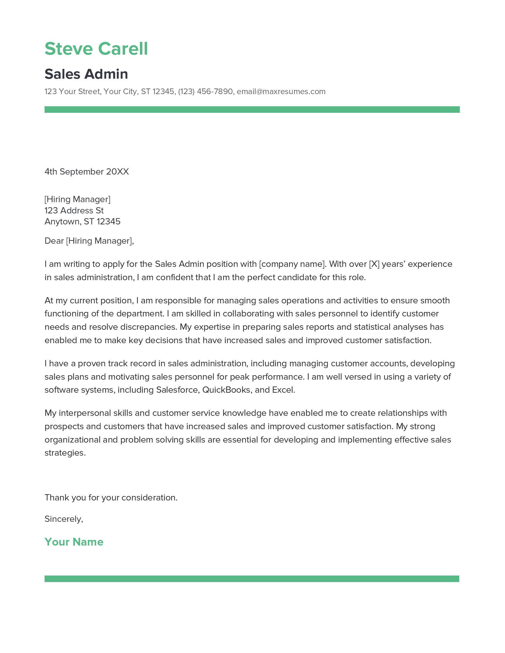 Sales Admin Cover Letter Example
