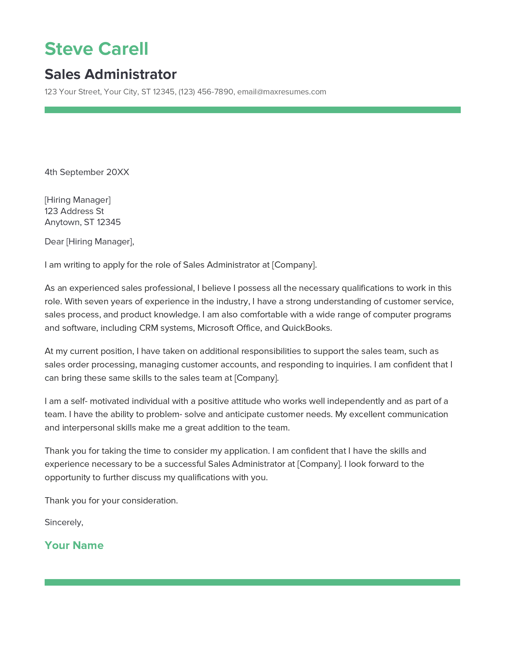 Sales Administrator Cover Letter Example