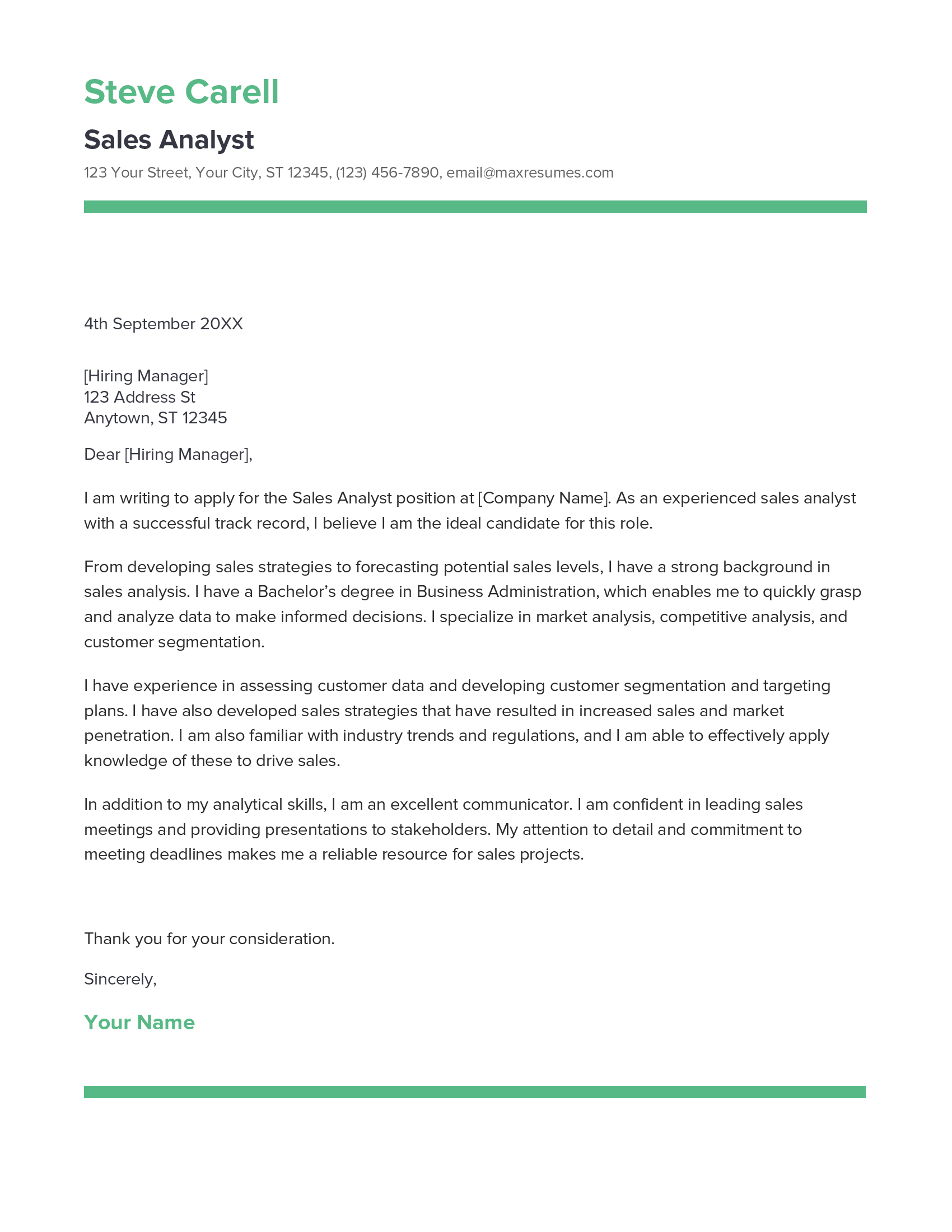 Sales Analyst Cover Letter Example