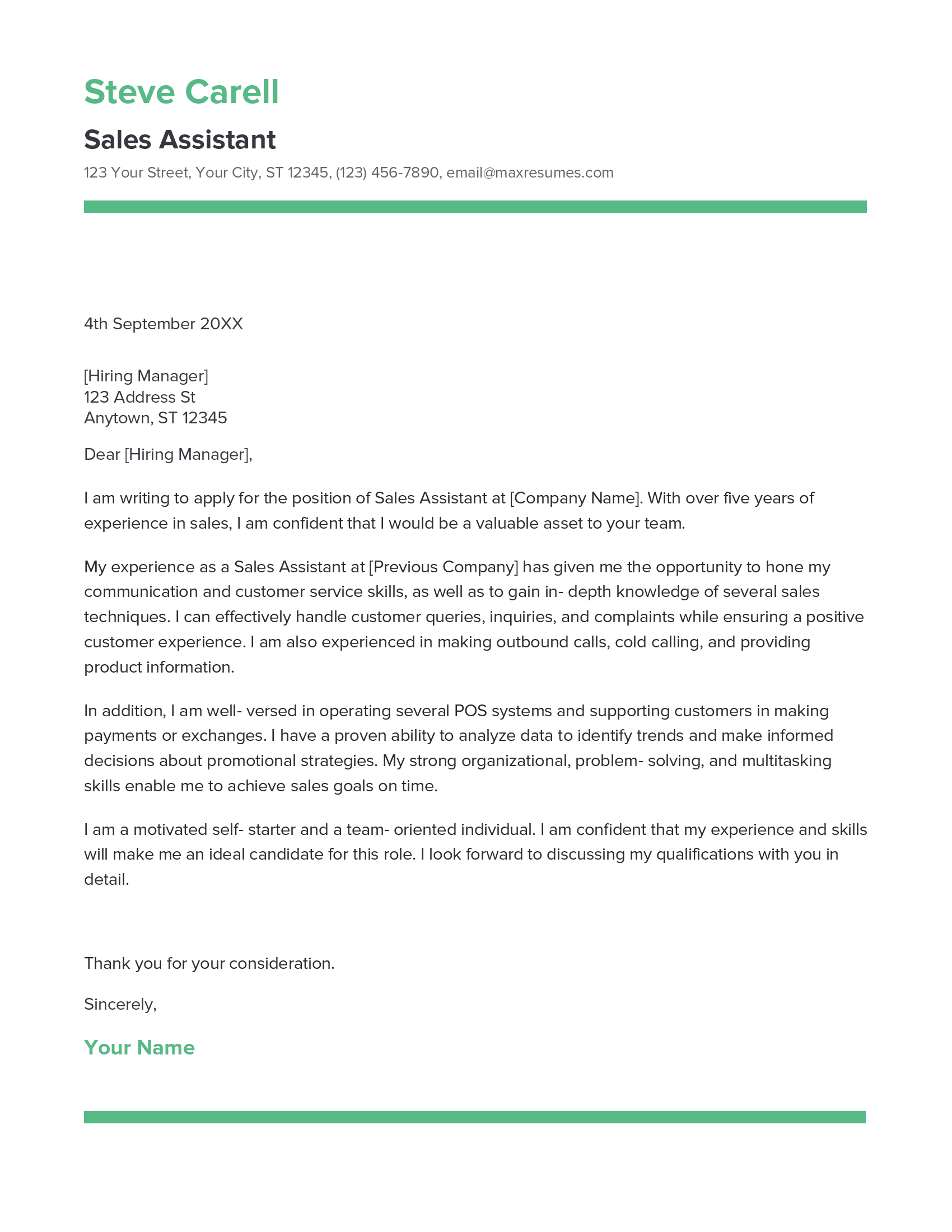 Sales Assistant Cover Letter Example