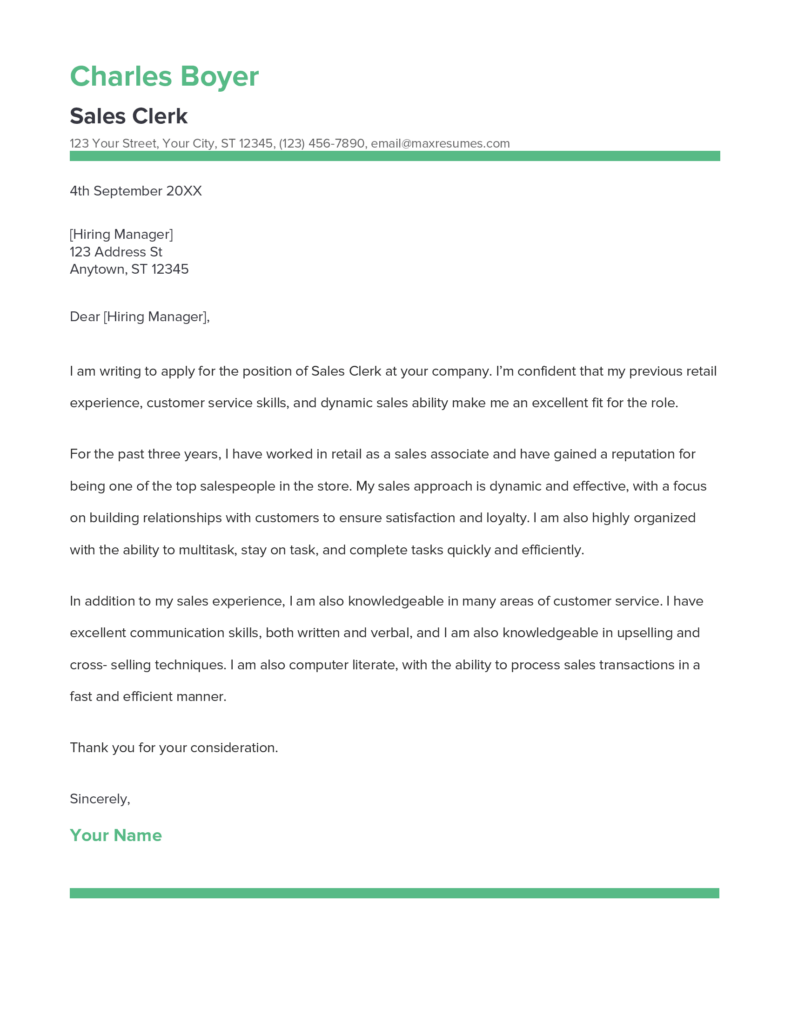 Best Sales Clerk Cover Letter Example for 2023