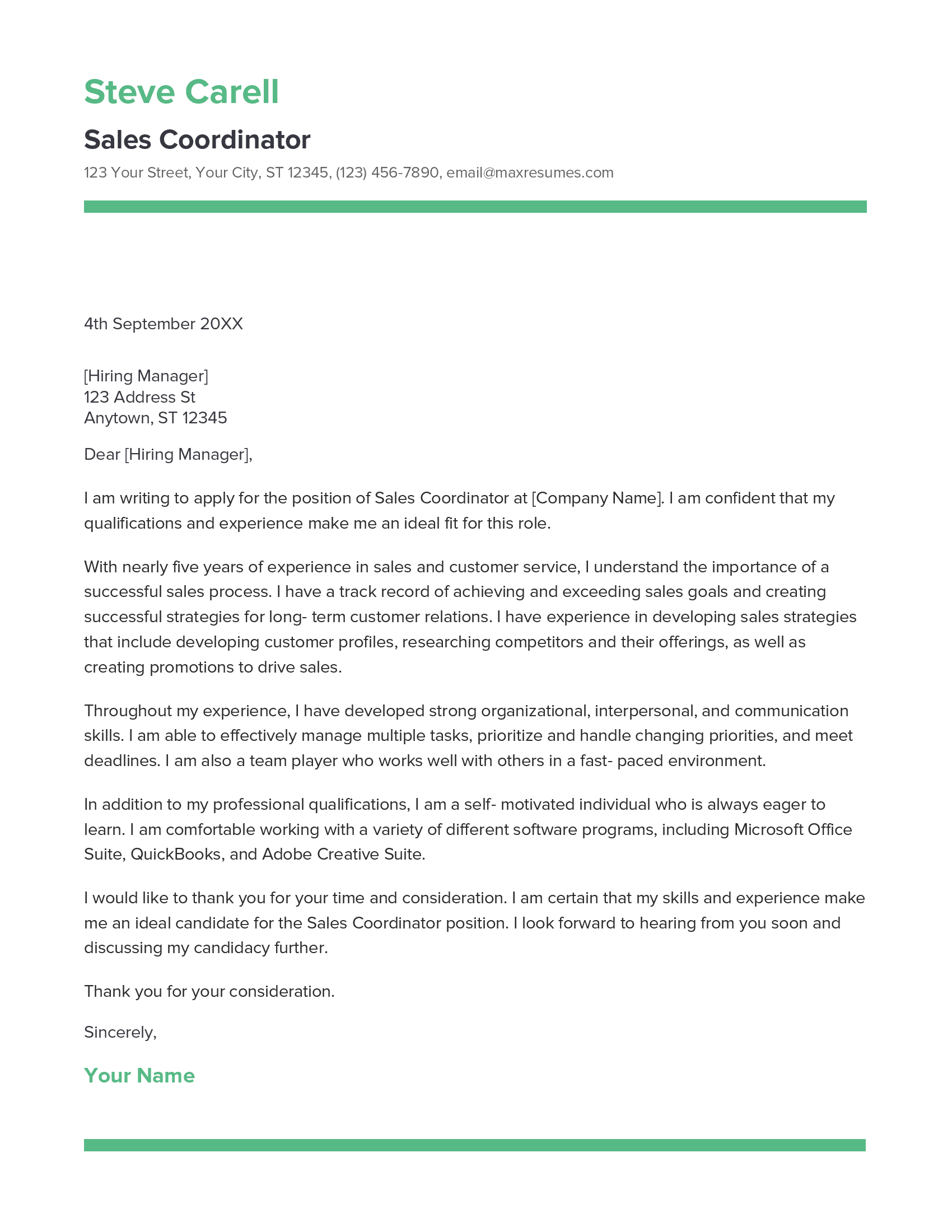 Sales Coordinator Cover Letter Example